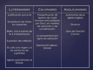 Luteranismo                 Calvinismo             Anglicanismo
Justificación por la fe      Predestinación (El     Autonomía de la
                              destino de cada        iglesia inglesa
                           hombre está prefijado
Sacerdocio de todos
                            por Dios) ,en materia
   los creyentes                                         Divorcio
                             de salvación o de
                               condenación.
Biblia, única fuente de                              Libro de Oración
  fe e interpretación                                     Común
                            La prosperidad era
                            signo de salvación
Supresión del celibato
                            Separación Iglesia -
El culto a la virgen y a         Estado
    los santos ha de
        suprimirse

Iglesia subordinada al
         Estado
 