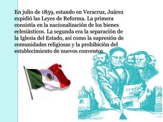 En 1858  Juárez asumió la presidencia  de México     Los conservadores se habían adueñado de la Capital, tuvo que trasladar el gobierno al estado de Guanajuato, pero el ataque por parte de los conservadores fue tan fuerte que se tuvieron que trasladar a  Jalisco.     Ahí estuvo a punto de ser fusilado pero los salvaron Guillermo Prieto y la Guardia Nacional de Jalisco, así que decidieron trasladarse a Colima, luego a Veracruz donde logró establecer su gobierno.