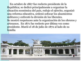 Juárez  regresó a la ciudad de México el 15 de julio de 1867, después de que Maximiliano fue fusilado. Una vez que triunfó dio un discurso donde destaca lo que hoy conocemos como su frase célebre: "Entre los individuos, como entre las naciones, el respeto al derecho ajeno es la paz".Fue proclamado "Benemérito de las Américas" por su defensa de las libertades humanas,  que sirvió de ejemplo a otros países latinoamericanos.