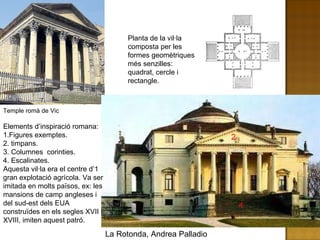 Temple romà de Vic La Rotonda, Andrea Palladio Elements d’inspiració romana:  1.Figures exemptes. 2. timpans. 3. Columnes  corinties. 4. Escalinates. Aquesta vil·la era el centre d’1 gran explotació agrícola. Va ser imitada en molts països, ex: les mansions de camp angleses i del sud-est dels EUA construïdes en els segles XVII i XVIII, imiten aquest patró. 1 2 3 4 Planta de la vil·la composta per les formes geomètriques més senzilles: quadrat, cercle i rectangle. 