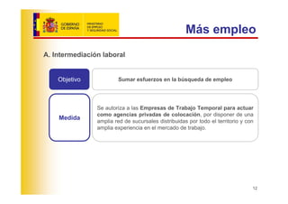 Más empleo
A. Intermediación laboral


    Objetivo            Sumar esfuerzos en la búsqueda de empleo




                Se autoriza a las Empresas de Trabajo Temporal para actuar
                como agencias privadas de colocación, por disponer de una
    Medida
                amplia red de sucursales distribuidas por todo el territorio y con
                amplia experiencia en el mercado de trabajo.




                                                                                 12
 