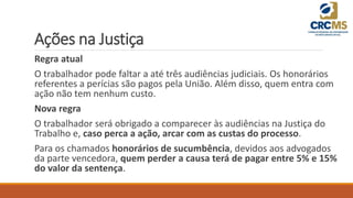 Ações na Justiça
Regra atual
O trabalhador pode faltar a até três audiências judiciais. Os honorários
referentes a perícias são pagos pela União. Além disso, quem entra com
ação não tem nenhum custo.
Nova regra
O trabalhador será obrigado a comparecer às audiências na Justiça do
Trabalho e, caso perca a ação, arcar com as custas do processo.
Para os chamados honorários de sucumbência, devidos aos advogados
da parte vencedora, quem perder a causa terá de pagar entre 5% e 15%
do valor da sentença.
 