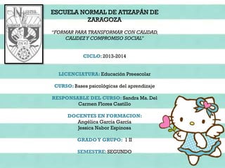 ESCUELA NORMAL DE ATIZAPAN
DE ZARAGOZA
ESCUELA NORMAL DE ATIZAPÁN DE
ZARAGOZA
“FORMAR PARA TRANSFORMAR CON CALIDAD,
CALIDEZY COMPROMISO SOCIAL”
CICLO: 2013-2014
LICENCIATURA: Educación Preescolar
CURSO: Bases psicológicas del aprendizaje
RESPONSABLE DEL CURSO: Sandra Ma. Del
Carmen Flores Castillo
DOCENTES EN FORMACION:
Angélica García García
Jessica Nabor Espinosa
GRADOY GRUPO: 1 II
SEMESTRE: SEGUNDO
 