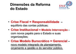 Dimensões da Reforma
 do Estado


• Crise Fiscal = Responsabilidade –
 equilíbrio das contas públicas;
• Crise Institucional = Modelo Intervenção -
 com novos papéis para o Estado e suas
 organizações;
• Crise Modelo Burocrático = Gerencial –
 novo modelo integrado de planejamento,
 orçamento e gestão e do servidor público.
 