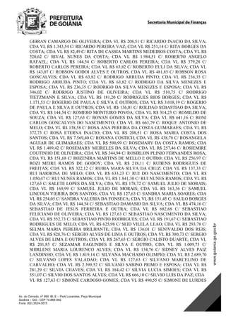 Secretaria Municipal de Finanças
Av. do Cerrado, nº 999 Bl. E – Park Lozandes, Paço Municipal
Goiânia – GO - CEP 74.884-092
Fone: (62) 3524-3015
 
GIBRAN CAMARGO DE OLIVEIRA; CDA VL R$ 208,51 C/ RICARDO INACIO DA SILVA;
CDA VL R$ 1.343,54 C/ RICARDO PEREIRA VAZ; CDA VL R$ 251,14 C/ RITA BORGES DA
COSTA; CDA VL R$ 82,49 C/ RITA DE CASSIA MARTINS MEDEIROS COSTA; CDA VL R$
320,62 C/ RIVAL NUNES DA COSTA; CDA VL R$ 1.984,51 C/ ROBERTO ANGELO
RAFAEL; CDA VL R$ 144,54 C/ ROBERTO CARLOS PEREIRA; CDA VL R$ 379,28 C/
ROBERTO CARLOS PEREIRA; CDA VL R$ 63,82 C/ ROBERTO EULI DA SILVA; CDA VL
R$ 143,07 C/ ROBSON GODOI ALVES E OUTROS; CDA VL R$ 481,85 C/ ROBSON ROSA
GONCALVES; CDA VL R$ 63,82 C/ RODRIGO ARRUDA PINTO; CDA VL R$ 236,35 C/
RODRIGO ARRUDA PINTO; CDA VL R$ 63,82 C/ RODRIGO DA SILVA MENEZES E
ESPOSA; CDA VL R$ 236,35 C/ RODRIGO DA SILVA MENEZES E ESPOSA; CDA VL R$
346,02 C/ RODRIGO JUSTINO DE OLIVEIRA; CDA VL R$ 510,75 C/ RODRIGO
TIETZMANN E SILVA; CDA VL R$ 181,20 C/ RODRIGUES RIOS BORGES; CDA VL R$
1.171,53 C/ ROGERIO DE PAULA E SILVA E OUTROS; CDA VL R$ 3.018,19 C/ ROGERIO
DE PAULA E SILVA E OUTROS; CDA VL R$ 136,01 C/ ROLDAO SEBASTIAO DA SILVA;
CDA VL R$ 144,54 C/ ROMERO MONTEIRO POVOA; CDA VL R$ 314,23 C/ ROMILDO DE
SOUZA; CDA VL R$ 127,63 C/ RONAN GOMES DA SILVA; CDA VL R$ 641,16 C/ RONI
CARLOS GONCALVES DO NASCIMENTO; CDA VL R$ 663,79 C/ ROQUE ANTONIO DE
MELO; CDA VL R$ 138,58 C/ ROSA ANA PEREIRA DA COSTA GUIMARAES; CDA VL R$
372,73 C/ ROSA ETERNA INACIO; CDA VL R$ 208,51 C/ ROSA MARIA COSTA DOS
SANTOS; CDA VL R$ 7.569,40 C/ ROSANA COSTICH; CDA VL R$ 438,78 C/ ROSANGELA
AGUIAR DE GUIMARAES; CDA VL R$ 590,99 C/ ROSEMARY DA COSTA RAMOS; CDA
VL R$ 1.489,42 C/ ROSEMARY MEIRELES DA SILVA; CDA VL R$ 257,46 C/ ROSIEMIRE
COUTINHO DE OLIVEIRA; CDA VL R$ 344,94 C/ ROSIRLON PLINIO FERNANDES ROSA;
CDA VL R$ 151,68 C/ ROZENIRA MARTINS DE MELLO E OUTRO; CDA VL R$ 256,97 C/
ROZI MEIRE RAMOS DE GODOY; CDA VL R$ 218,11 C/ RUBENS RODRIGUES DE
FREITAS; CDA VL R$ 322,12 C/ RUBIA MARA SILVA DA CRUZ; CDA VL R$ 137,33 C/
RUI BARBOSA DE MELO; CDA VL R$ 633,23 C/ RUI DO NASCIMENTO; CDA VL R$
1.050,47 C/ RUI NUNES RAMOS; CDA VL R$ 1.841,30 C/ RUI NUNES RAMOS; CDA VL R$
127,63 C/ SALETE LOPES DA SILVA; CDA VL R$ 178,72 C/ SAMUEL JULIO DE MORAIS;
CDA VL R$ 169,99 C/ SAMUEL JULIO DE MORAIS; CDA VL R$ 163,36 C/ SAMUEL
LINCOLN VIERIRA DOS SANTOS; CDA VL R$ 127,63 C/ SANDRA MARIA SOARES; CDA
VL R$ 254,05 C/ SANDRA VALERIA DA FONSECA; CDA VL R$ 151,45 C/ SAULO BORGES
DA SILVA; CDA VL R$ 144,54 C/ SEBASTIAO DAMASIO DA SILVA; CDA VL R$ 474,16 C/
SEBASTIAO DE JESUS FERREIRA E OUTRA; CDA VL R$ 682,68 C/ SEBASTIAO
FELICIANO DE OLIVEIRA; CDA VL R$ 127,63 C/ SEBASTIAO NASCIMENTO DA SILVA;
CDA VL R$ 552,73 C/ SEBASTIAO PINTO RODRIGUES; CDA VL R$ 191,67 C/ SEBASTIAO
RODRIGUES DE MELO; CDA VL R$ 625,98 C/ SEID VILELA LEAO; CDA VL R$ 293,78 C/
SELMA MARIA PEREIRA BRILHANTE; CDA VL R$ 136,01 C/ SENIVALDO DOS REIS;
CDA VL R$ 828,76 C/ SERGIO ALVES DE LIMA E OUTROS; CDA VL R$ 380,73 C/ SERGIO
ALVES DE LIMA E OUTROS; CDA VL R$ 267,65 C/ SERGIO CALISTO DUARTE; CDA VL
R$ 201,83 C/ SEZAMAR FAGUNDES E SILVA E OUTRO; CDA VL R$ 1.009,73 C/
SHIRLENE MARIA LOURENCO ALVES; CDA VL R$ 134,76 C/ SIDNEY ALVES PAIZ
LANDINHO; CDA VL R$ 1.819,14 C/ SILVANA MACHADO OLIMPIO; CDA VL R$ 2.689,70
C/ SILVANO LOPES VALADAO; CDA VL R$ 127,63 C/ SILVANO MARCELINO DE
CARVALHO; CDA VL R$ 2.399,52 C/ SILVANO SABINO PRIMO E ESPOSA; CDA VL R$
281,29 C/ SILVIA CHAVES; CDA VL R$ 184,42 C/ SILVIA LUCIA SIMOES; CDA VL R$
551,07 C/ SILVIO DOS SANTOS ALVES; CDA VL R$ 666,10 C/ SILVIO LUIS DA PAZ; CDA
VL R$ 127,63 C/ SIMONE CARDOSO GOMES; CDA VL R$ 490,55 C/ SIMONE DE LURDES
DOM Eletrônico Edição Nº 6094, de 03 de junho de 2015. Página 101 de 250
Prefeitura de Goiânia/ Secretaria Municipal da Casa Civil Assinado Digitalmente: www.goiania.go.gov.br
 