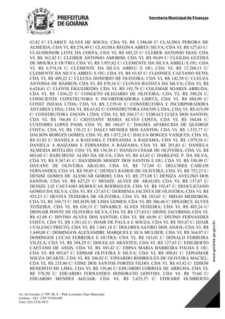 Secretaria Municipal de Finanças
Av. do Cerrado, nº 999 Bl. E – Park Lozandes, Paço Municipal
Goiânia – GO - CEP 74.884-092
Fone: (62) 3524-3015
 
63,82 C/ CLARICE ALVES DE SOUSA; CDA VL R$ 1.546,68 C/ CLAUDIA PEREIRA DE
ALMEIDA; CDA VL R$ 238,49 C/ CLAUDIA REGINA ABREU SILVA; CDA VL R$ 127,63 C/
CLAUDIONOR LEITE DA COSTA; CDA VL R$ 682,25 C/ CLEBER ANTONIO DIAS; CDA
VL R$ 362,82 C/ CLEIBER ANTONIO AMORIM; CDA VL R$ 99,89 C/ CLEILDA GUEDES
DE MOURA E OUTRO; CDA VL R$ 5.953,82 C/ CLEMENTE DA SILVA ABREU E OU; CDA
VL R$ 6.574,18 C/ CLEMENTE DA SILVA ABREU E OU; CDA VL R$ 12.260,11 C/
CLEMENTE DA SILVA ABREU E OU; CDA VL R$ 63,82 C/ CLEONICE CAETANO NETO;
CDA VL R$ 409,22 C/ CLEUSA HONORIO DE OLIVEIRA; CDA VL R$ 142,50 C/ CLEUZA
ANTONIA DE BARROS; CDA VL R$ 870,16 C/ CLOVES BATISTA DA SILVA; CDA VL R$
6.624,61 C/ CLOVIS FIGUEIREDO; CDA VL R$ 183,78 C/ COLEMAR SOARES ARRUDA;
CDA VL R$ 1.036,22 C/ CONGETO OLEGARIO DE OLIVEIRA; CDA VL R$ 390,28 C/
CONSCIENTE CONSTRUTORA E INCORPORADORA LIMITA; CDA VL R$ 884,99 C/
CONST INDAIA LTDA; CDA VL R$ 2.239,41 C/ CONSTRUTORA E INCORPORADORA
ANTARES LTDA; CDA VL R$ 63,82 C/ CONSTRUTORA ENCON LTDA; CDA VL R$ 633,99
C/ CONSTRUTORA ENCON LTDA; CDA VL R$ 268,17 C/ CORACI LUIZA DOS SANTOS;
CDA VL R$ 766,84 C/ CRISTIANY MARIA ALVES COSTA; CDA VL R$ 344,84 C/
CUSTODIO LOPES PAIM; CDA VL R$ 188,67 C/ DAGMA APARECIDA DE QUEIROZ
COSTA; CDA VL R$ 170,32 C/ DALCI MENDES DOS SANTOS; CDA VL R$ 1.535,77 C/
DALSON BORGES GOMES; CDA VL R$ 1.072,24 C/ DALVA BORGES VASQUES; CDA VL
R$ 63,82 C/ DANIELA A RAIZAMA E FERNANDA A RAIZAMA; CDA VL R$ 1.079,56 C/
DANIELA A RAIZAMA E FERNANDA A RAIZAMA; CDA VL R$ 201,03 C/ DANIELA
ALMEIDA BOTELHO; CDA VL R$ 130,56 C/ DANILO CESAR DE OLIVEIRA; CDA VL R$
603,60 C/ DARCIRENE ALHO DA SILVA; CDA VL R$ 63,82 C/ DARILENE P. DA SILVA;
CDA VL R$ 8.367,41 C/ DAVIDSON MOODY DOS SANTOS E OU; CDA VL R$ 530,90 C/
DAYANE DE OLIVEIRA ARAUJO; CDA VL R$ 717,04 C/ DELCIDES CARLOS
FERNANDES; CDA VL R$ 99,85 C/ DENECI RAMOS DE OLIVEIRA; CDA VL R$ 753,23 C/
DENISE GOMES DE ALENCAR GORDO; CDA VL R$ 273,08 C/ DENIZA AVELINO DOS
SANTOS; CDA VL R$ 627,25 C/ DENIZE ALVES DE ARAUJO; CDA VL R$ 137,87 C/
DENIZE LIZ CAETANO REBOUCAS RODRIGUES; CDA VL R$ 192,47 C/ DEOCLICIANO
GOMES DA SILVA; CDA VL R$ 127,63 C/ DERMINIA JACINTA DE OLIVEIRA; CDA VL R$
925,23 C/ DEVITA TEIXEIRA DE OLIVEIRA; CDA VL R$ 183,01 C/ DIEGO MEDEIROS;
CDA VL R$ 169,73 C/ DILSON DE LIMA GOMES; CDA VL R$ 306,46 C/ DINAIRCE ALVES
TEIXEIRA; CDA VL R$ 630,15 C/ DINAIRCE ALVES TEIXEIRA; CDA VL R$ 403,24 C/
DIONAIR PONTE DE OLIVEIRA SILVA; CDA VL R$ 127,63 C/ DIONE JACOBINO; CDA VL
R$ 63,88 C/ DIVINO ALVES DOS SANTOS; CDA VL R$ 60,96 C/ DIVINO FERNANDES
COSTA; CDA VL R$ 1.581,62 C/ DJAIR DE PAULA E SOUZA; CDA VL R$ 303,87 C/ DJAIR
I.VALENCI PRIETO; CDA VL R$ 1.041,18 C/ DOLORES SATIRO DOS ANJOS; CDA VL R$
1.649,08 C/ DOMINGOS ALEXANDRE MARQUES E SUA MULHER; CDA VL R$ 564,97 C/
DOMINGOS LUCAS FERREIRA E OUTRA; CDA VL R$ 183,01 C/ DONALD FERREIRA
VILELA; CDA VL R$ 394,29 C/ DOUGLAS ARANTES; CDA VL R$ 127,63 C/ EDILBERTO
CAETANO DE ASSIS; CDA VL R$ 303,42 C/ EDINA MARIA BARREIRA FOLHA E OU;
CDA VL R$ 885,67 C/ EDMAR OLIVEIRA E SILVA; CDA VL R$ 498,81 C/ EDNAMAR
SOUZA DUARTE; CDA VL R$ 308,02 C/ EDNARDO RODRIGUES DE OLIVEIRA MACIEL;
CDA VL R$ 235,80 C/ EDNE DOS SANTOS FORTES FILHO; CDA VL R$ 63,82 C/ EDSON
BENEDITO DE LIMA; CDA VL R$ 139,46 C/ EDUARDO CORREIA DE ARRUDA; CDA VL
R$ 378,50 C/ EDUARDO FERNANDES HONORATO GONTIJO; CDA VL R$ 73,60 C/
EDUARDO MENDES AGUIAR; CDA VL R$ 2.625,57 C/ EDWARD HUMBERTO
DOM Eletrônico Edição Nº 6094, de 03 de junho de 2015. Página 113 de 250
Prefeitura de Goiânia/ Secretaria Municipal da Casa Civil Assinado Digitalmente: www.goiania.go.gov.br
 