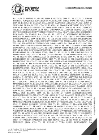 Secretaria Municipal de Finanças
Av. do Cerrado, nº 999 Bl. E – Park Lozandes, Paço Municipal
Goiânia – GO - CEP 74.884-092
Fone: (62) 3524-3015
 
R$ 354,71 C/ SERGIO ALVES DE LIMA E OUTROS; CDA VL R$ 522,72 C/ SERGIO
ROBERTO JUNQUEIRA ZOCCOLI; CDA VL R$ 63,82 C/ SFERA CONSTRUTORA LTDA;
CDA VL R$ 143,41 C/ SILVANA DE ALMEIDA CARNEIRO LUIZ; CDA VL R$ 1.017,87 C/
SILVIA DA SILVA BASTOS; CDA VL R$ 451,81 C/ SIMONE CARVALHO DE CASTRO;
CDA VL R$ 989,59 C/ SIMONE COELHO PEREIRA AIRES; CDA VL R$ 191,47 C/ SIMONE
THURLER BARBOSA; CDA VL R$ 428,33 C/ SNADOVAL MARQUES VIEIRA; CDA VL R$
23,97 C/ SOCIEDADE DE INVESTIMENTOS MVC LTDA; CDA VL R$ 63,82 C/ SOCIEDADE
RES LAGO DO BOSQUE S.A; CDA VL R$ 1.072,39 C/ SOCIEDADE RESIDENCIAL
BOSQUE FLAMBOYANT SA; CDA VL R$ 71,10 C/ SOL OESTE INVESTIMENTOS
IMOBILIARIOS SA; CDA VL R$ 194,21 C/ SOL OESTE INVESTIMENTOS IMOBILIARIOS
SA; CDA VL R$ 219,52 C/ SOL OESTE INVESTIMENTOS IMOBILIARIOS SA; CDA VL R$
255,28 C/ SOL OESTE INVESTIMENTOS IMOBILIARIOS SA; CDA VL R$ 255,28 C/ SOL
OESTE INVESTIMENTOS IMOBILIARIOS SA; CDA VL R$ 1.647,27 C/ SONIA ANASENKO
GONCALVES E OUTROS; CDA VL R$ 63,82 C/ SONIA MARIA MOREIRA DA FONSECA;
CDA VL R$ 63,82 C/ SPE ESMERALDAS DI LORENZZO LTDA; CDA VL R$ 202,63 C/ SPE
ESMERALDAS DI LORENZZO LTDA; CDA VL R$ 183,01 C/ SPE ESMERALDAS DI
LORENZZO LTDA; CDA VL R$ 31,63 C/ SPE ESMERALDAS DI LORENZZO LTDA; CDA
VL R$ 63,82 C/ SPE ESMERALDAS DI LORENZZO LTDA; CDA VL R$ 98,41 C/ SPE
ESMERALDAS DI LORENZZO LTDA; CDA VL R$ 206,99 C/ SPE ESMERALDAS DI
LORENZZO LTDA; CDA VL R$ 148,98 C/ SPE ESMERALDAS DI LORENZZO LTDA; CDA
VL R$ 202,63 C/ SPE ESMERALDAS DI LORENZZO LTDA; CDA VL R$ 63,82 C/ SPE
ESMERALDAS DI LORENZZO LTDA.; CDA VL R$ 63,82 C/ SPE ESMERALDAS DI
LORENZZO LTDA.; CDA VL R$ 127,63 C/ SPE ESMERALDAS DI LORENZZO LTDA.; CDA
VL R$ 290,25 C/ SUAMI DOS SANTOS LIMA; CDA VL R$ 215,58 C/ SUELENE LUIZA DA
SILVA; CDA VL R$ 217,11 C/ SUELY BARBOSA DOS SANTOS; CDA VL R$ 99,85 C/
SUELY MARIA DA SILVA; CDA VL R$ 968,65 C/ SUSANA CHRISTIAN DE SOUZA
GARCIA O OUTROS; CDA VL R$ 10.229,58 C/ SUZANA AZEVEDO DO ROSARIO
RODRIGUES ALVES DA; CDA VL R$ 386,38 C/ SUZETE MENEGASSI DE SALES; CDA VL
R$ 15.225,29 C/ TAMIRES ALVES DUARTE; CDA VL R$ 1.229,75 C/ TANIA MARIA
MAGALHES; CDA VL R$ 237,28 C/ TANIA MARTA DE PAIVA LEAO; CDA VL R$ 757,79
C/ TATIANA MARQUES DE CASTRO GABRIEL; CDA VL R$ 428,66 C/ TAYLOR LOPES
DE URZEDA; CDA VL R$ 1.308,03 C/ TCHESLEY ASSUNCAO DE ANDRADE E OUTRO;
CDA VL R$ 2.981,96 C/ TEREZINHA ALVES LOPES; CDA VL R$ 127,63 C/ TEREZINHA
MARIA DOS SANTOS; CDA VL R$ 15.515,51 C/ TETTO EMPREENDIMENTOS
IMOBILIARIOS LTDA ME; CDA VL R$ 1.110,80 C/ THAIS TAVARES DINIZ; CDA VL R$
63,82 C/ THALES JAYME DA CUNHA E OUTRAS; CDA VL R$ 199,72 C/ THAYNE
FERREIRA MALASPINA DE MORAIS E OUTRO; CDA VL R$ 66,50 C/ THIAGO DI
MARTINS CARMO E FIDELIS; CDA VL R$ 431,98 C/ THIAGO FARID NAHAS; CDA VL R$
63,82 C/ TIAGO QUAGGIO VIEIRA; CDA VL R$ 10.206,06 C/ TRAJANO MARTINS
SOBRINHO; CDA VL R$ 10.877,37 C/ TROPICAL IMOVEIS LTDA; CDA VL R$ 621,38 C/
ULSON FERREIRA SILVA; CDA VL R$ 73,56 C/ VACLAV VANICEK; CDA VL R$ 383,47 C/
VALDICON DE MORAIS PESSOA; CDA VL R$ 148,05 C/ VALDIR CLEMENTINO RIBEIRO;
CDA VL R$ 667,99 C/ VALDIRA MANSUR JOYCE; CDA VL R$ 279,70 C/ VALDIRENE
JOSE DE ALMEIDA; CDA VL R$ 270,41 C/ VALTER DIAS NUNES; CDA VL R$ 1.026,38 C/
VANDA EMILIANO GARCIA; CDA VL R$ 1.618,35 C/ VANESSA VAZ DE SA; CDA VL R$
651,91 C/ VANILDA CARDOSO DOS REIS SILVA; CDA VL R$ 795,69 C/ VASNI DE
MEDEIROS LIMA; CDA VL R$ 1.398,08 C/ VERA LUCIA BERNARDINO DA
DOM Eletrônico Edição Nº 6094, de 03 de junho de 2015. Página 122 de 250
Prefeitura de Goiânia/ Secretaria Municipal da Casa Civil Assinado Digitalmente: www.goiania.go.gov.br
 