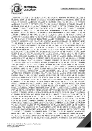 Secretaria Municipal de Finanças
Av. do Cerrado, nº 999 Bl. E – Park Lozandes, Paço Municipal
Goiânia – GO - CEP 74.884-092
Fone: (62) 3524-3015
ANTONIO CHAVES E OUTROS; CDA VL R$ 550,06 C/ MARCO ANTONIO CHAVES E
OUTROS; CDA VL R$ 550,06 C/ MARCO ANTONIO CHAVES E OUTROS; CDA VL R$
550,06 C/ MARCO ANTONIO CHAVES E OUTROS; CDA VL R$ 654,16 C/ MARCO
ANTONIO CHAVES E OUTROS; CDA VL R$ 550,06 C/ MARCO ANTONIO CHAVES E
OUTROS; CDA VL R$ 1.330,36 C/ MARCO ANTONIO P ALVES POGGIO; CDA VL R$
1.394,44 C/ MARCO ANTONIO VENANCIO; CDA VL R$ 413,20 C/ MARCO AURELIO
FERREIRA ALVES; CDA VL R$ 1.469,50 C/ MARCONDES ALVES RIBEIRO FILHO E
OUTROS; CDA VL R$ 556,43 C/ MARCOS ALBERTO CORREIA MANZANNO; CDA VL R$
2.408,58 C/ MARCOS ANTONIO BATISTA MARQUES; CDA VL R$ 410,24 C/ MARCOS
ANTONIO TEIXEIRA; CDA VL R$ 763,99 C/ MARCOS CORDEIRO DE CARVALHO; CDA
VL R$ 1.427,84 C/ MARCOS FERNANDO ALVES TEODORO; CDA VL R$ 360,93 C/
MARCOS JOAQUIM LUIZ; CDA VL R$ 620,53 C/ MARCOS PANIAGO DE ALMEIDA; CDA
VL R$ 409,84 C/ MARCOS PAULO MENDES DE OLIVEIRA; CDA VL R$ 1.043,52 C/
MARCOS PESSOA DE BARCELOS; CDA VL R$ 268,70 C/ MARCOS RIBEIRO SIQUEIRA;
CDA VL R$ 904,27 C/ MARCOS ROCHA DA CUNHA; CDA VL R$ 382,19 C/ MARGARETE
LIMA NASCIMENTO; CDA VL R$ 282,23 C/ MARGARETH REGINA LOURENCO; CDA VL
R$ 3.298,86 C/ MARGARIDA ANA DE FIGUEIREDO; CDA VL R$ 597,81 C/ MARGARIDA
GUIDA E SILVA; CDA VL R$ 687,29 C/ MARIA ABADIA TOME; CDA VL R$ 606,27 C/
MARIA ADRIANE CARRILHO; CDA VL R$ 912,45 C/ MARIA AILTA BRINGEL DE
ANDRADE; CDA VL R$ 63,82 C/ MARIA ALICE DE MOURA; CDA VL R$ 406,24 C/ MARIA
ALVES DE LIMA; CDA VL R$ 601,26 C/ MARIA AMALIA DE ARAUJO BANDEIRA; CDA
VL R$ 1.028,56 C/ MARIA AMELIA VIEIRA RODRIGUES; CDA VL R$ 1.750,36 C/ MARIA
ANA DE JESUS; CDA VL R$ 1.116,42 C/ MARIA ANA DE JESUS; CDA VL R$ 356,67 C/
MARIA ANGELICA MACHADO; CDA VL R$ 157,23 C/ MARIA ANTONIA MARTINS
REZENDE; CDA VL R$ 635,20 C/ MARIA APARECIDA ALVES DA COSTA; CDA VL R$
127,63 C/ MARIA APARECIDA ALVES FERREIRA; CDA VL R$ 1.069,08 C/ MARIA
APARECIDA BARBOSA GUEDES; CDA VL R$ 498,82 C/ MARIA APARECIDA BORGES
ZARDO; CDA VL R$ 1.207,69 C/ MARIA APARECIDA DE PAULA; CDA VL R$ 344,94 C/
MARIA APARECIDA DOS SANTOS SOUZA; CDA VL R$ 139,26 C/ MARIA APARECIDA
GONTIJO CASTILHO; CDA VL R$ 551,68 C/ MARIA APARECIDA MARTINS DOS SANTOS
COTRIM; CDA VL R$ 63,82 C/ MARIA APARECIDA SOUSA SILVA; CDA VL R$ 152,23 C/
MARIA APARECIDA SOUZA SILVA; CDA VL R$ 127,63 C/ MARIA APARECIDA TOME
DA SILVA; CDA VL R$ 993,04 C/ MARIA APARECIDA VIEIRA; CDA VL R$ 743,72 C/
MARIA APARECIDA VIEIRA MARTINS; CDA VL R$ 144,54 C/ MARIA ARRAIS AGUIAR;
CDA VL R$ 578,54 C/ MARIA AUXILADORA SILVEIRA B DE SOUZA E ESPOSO; CDA VL
R$ 63,82 C/ MARIA AUXILIADORA SILVEIRA B DE SOUZA E ESPOS; CDA VL R$ 248,86
C/ MARIA BENEDITA DE ASSIS; CDA VL R$ 3.440,22 C/ MARIA CELIA ALVES DE
SOUZA NASCIMENTO; CDA VL R$ 1.253,20 C/ MARIA CLAUDINEIA ALVES DOS
SANTOS E OUTRO; CDA VL R$ 216,68 C/ MARIA CONCEICAO MACHADO DOS ANJOS;
CDA VL R$ 293,99 C/ MARIA CORACI DE MORAES; CDA VL R$ 393,26 C/ MARIA DA
CONCEICAO NERES AZEVEDO; CDA VL R$ 425,72 C/ MARIA DA GLORIA SILVA; CDA
VL R$ 1.178,69 C/ MARIA DA PAZ MARQUES DO NASCIMENTO; CDA VL R$ 308,47 C/
MARIA DA PAZ MARQUES DO NASCIMENTO; CDA VL R$ 470,92 C/ MARIA DA PAZ
MARQUES DO NASCIMENTO; CDA VL R$ 1.568,09 C/ MARIA DA SILVA CAMPOS; CDA
VL R$ 545,13 C/ MARIA DAS DORES BAIA PEIXOTO; CDA VL R$ 803,95 C/ MARIA DAS
GRACAS ALVES DE MELLO; CDA VL R$ 127,63 C/ MARIA DAS GRACAS FELIPE; CDA
VL R$ 127,63 C/ MARIA DAS GRACAS P.DA SILVA; CDA VL R$ 288,39 C/ MARIA DAS
GRACAS SILVA; CDA VL R$ 155,80 C/ MARIA DAVINA VITORINO DOS SANTOS; CDA
DOM Eletrônico Edição Nº 6094, de 03 de junho de 2015. Página 143 de 250
Prefeitura de Goiânia/ Secretaria Municipal da Casa Civil Assinado Digitalmente: www.goiania.go.gov.br
 
