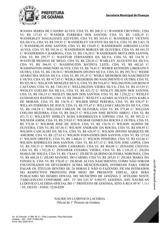 Secretaria Municipal de Finanças
Av. do Cerrado, nº 999 Bl. E – Park Lozandes, Paço Municipal
Goiânia – GO - CEP 74.884-092
Fone: (62) 3524-3015
WANDA MARIA DE CASTRO ALVES; CDA VL R$ 208,51 C/ WANDER CRUVINEL; CDA
VL R$ 127,63 C/ WANDER FERREIRA DOS SANTOS; CDA VL R$ 1.020,19 C/
WANDERLEY MAGALHAES AZEVEDO; CDA VL R$ 365,91 C/ WANDERLEY VICENTE
DA SILVA; CDA VL R$ 539,91 C/ WANDERLEY VICENTE DA SILVA; CDA VL R$ 5.421,74
C/ WANDERLIN JOSE SANTOS; CDA VL R$ 134,69 C/ WANDERSON ADRIANO LUCIO
ALVES; CDA VL R$ 545,36 C/ WANDERSON BORGES DE OLIVEIRA; CDA VL R$ 641,53
C/ WANDERSON F.BARBOSA; CDA VL R$ 176,50 C/ WANDERSON MOTA DOS SANTOS;
CDA VL R$ 259,77 C/ WANTUIR FERNANDES DA SILVA; CDA VL R$ 134,76 C/
WANTUIR MESSIAS DE MELO; CDA VL R$ 220,36 C/ WARLLEY AUGUSTO DA SILVA;
CDA VL R$ 566,93 C/ WASHINGTON BATISTA LEITE; CDA VL R$ 682,65 C/
WASHINGTON OSMUNDO ALVES; CDA VL R$ 74,41 C/ WEBER KENNEDY LIBERATO E
OUTRA; CDA VL R$ 138,58 C/ WEDERSON DIVINO SILVA; CDA VL R$ 293,78 C/ WEIDE
APARECIDA SOUSA SILVA; CDA VL R$ 191,47 C/ WEIKA MEDEIROS DO NASCIMENTO
E OUTO; CDA VL R$ 917,93 C/ WEIKA MEDEIROS DO NASCIMENTO E OUTRO; CDA VL
R$ 825,98 C/ WELICON MENEZES SILVA; CDA VL R$ 914,45 C/ WELINGTON LOURENCO
CAETANO; CDA VL R$ 7.841,93 C/ WELLINGTON VIEIRA SILVA; CDA VL R$ 413,93 C/
WESLEY COELHO DA SILVA; CDA VL R$ 621,72 C/ WESLEY DILSON DOS SANTOS;
CDA VL R$ 336,15 C/ WESLEY DILSON DOS SANTOS; CDA VL R$ 1.230,22 C/ WESLEY
GUIMARAES BASTOS; CDA VL R$ 280,60 C/ WESLEY LAZARO ALVES/FLAVIA KARLA
DE MORAIS; CDA VL R$ 134,76 C/ WILBER DINIZ PEREIRA; CDA VL R$ 938,57 C/
WILLAN FERREIRA DE JESUS; CDA VL R$ 575,47 C/ WILLIAM CARLOS DA SILVA; CDA
VL R$ 144,54 C/ WILLIAM CARLOS DE OLIVEIRA; CDA VL R$ 575,48 C/ WILLIAN
COELHO BEZERRA; CDA VL R$ 264,27 C/ WILLIAN JOSE BENTO ABREU; CDA VL R$
471,71 C/ WILLIENY SHIRLEY M.DA S.RODRIGUES E ESPOSO; CDA VL R$ 503,32 C/
WILMAM AMIM; CDA VL R$ 219,85 C/ WILMAR GOMES DA ROCHA E OUTRA; CDA VL
R$ 372,56 C/ WILMAR JOSE DE JESUS; CDA VL R$ 134,76 C/ WILSON ALBINO DE
OLIVEIRA; CDA VL R$ 167,56 C/ WILSON ANDRADE DA ROCHA; CDA VL R$ 650,95 C/
WILSON CASCALHO DA SILVA; CDA VL R$ 626,97 C/ WILSON DIVINO MARQUES DE
AMURIM; CDA VL R$ 127,63 C/ WILSON FERNANDES DOS SANTOS; CDA VL R$ 127,63
C/ WILSON OREFICE; CDA VL R$ 3.446,61 C/ WILSON PINHEIRO; CDA VL R$ 632,66 C/
WILSON RODRIGUES DOS SANTOS; CDA VL R$ 837,15 C/ WILTON JOSE LOPES; CDA
VL R$ 354,33 C/ WIMAN AMIN CAMARGO; CDA VL R$ 469,08 C/ ZENAIDE CHAVES;
CDA VL R$ 1.762,28 C/ ZENAMAR CESARIA VIEIRA; CDA VL R$ 1.136,35 C/ ZILDA
MARIA DE SOUZA; CDA VL R$ 178,64 C/ ZILDETE QUIRINO OLIVEIRA NORONHA; CDA
VL R$ 668,24 C/ ZILDO MANOEL DO CARMO; CDA VL R$ 265,01 C/ ZILMA MARIA DA
FONSECA; CDA VL R$ 570,45 C/ ZILMAR ALVES NASCIMENTO; COMO NÃO FORAM
ENCONTRADOS OS DEVEDORES ACIMA MENCIONADOS, INTIMO-OS PARA VIREM
PAGAR OS TÍTULOS DENTRO DE 24 HORAS E NÃO O FAZENDO, FICAM INTIMADOS
DO RESPECTIVO PROTESTO POR MEIO DO PRESENTE EDITAL, QUE SERÁ
PUBLICADO NO DIÁRIO OFICIAL DO MUNICÍPIO DE GOIÂNIA E AFIXADO NESTE
TABELIONATO CONFORME ART. 15° DA LEI N° 9.492/97. GOIÂNIA. ASS: NAURICAN
LUDOVICO LACERDA-OFICIAL DO 1° PROTESTO DE GOIÂNIA, SITO À RUA 09 N° 1.111
- ST. OESTE - FONE: 3224-4209
NAURICAN LUDOVICO LACERDA
Oficial do 1° Protesto de Goiânia
DOM Eletrônico Edição Nº 6094, de 03 de junho de 2015. Página 153 de 250
Prefeitura de Goiânia/ Secretaria Municipal da Casa Civil Assinado Digitalmente: www.goiania.go.gov.br
 