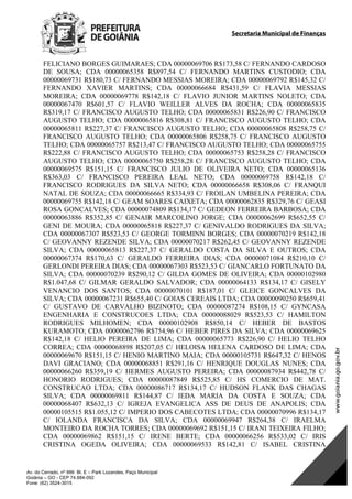 Secretaria Municipal de Finanças
Av. do Cerrado, nº 999 Bl. E – Park Lozandes, Paço Municipal
Goiânia – GO - CEP 74.884-092
Fone: (62) 3524-3015
FELICIANO BORGES GUIMARAES; CDA 00000069706 R$173,58 C/ FERNANDO CARDOSO
DE SOUSA; CDA 00000065358 R$897,54 C/ FERNANDO MARTINS CUSTODIO; CDA
00000069731 R$180,73 C/ FERNANDO MESSIAS MOREIRA; CDA 00000069792 R$145,32 C/
FERNANDO XAVIER MARTINS; CDA 00000066684 R$431,59 C/ FLAVIA MESSIAS
MOREIRA; CDA 00000069778 R$142,18 C/ FLAVIO JUNIOR MARTINS NOLETO; CDA
00000067470 R$601,57 C/ FLAVIO WEILLER ALVES DA ROCHA; CDA 00000065835
R$319,17 C/ FRANCISCO AUGUSTO TELHO; CDA 00000065831 R$226,90 C/ FRANCISCO
AUGUSTO TELHO; CDA 00000065816 R$308,81 C/ FRANCISCO AUGUSTO TELHO; CDA
00000065811 R$227,37 C/ FRANCISCO AUGUSTO TELHO; CDA 00000065808 R$258,75 C/
FRANCISCO AUGUSTO TELHO; CDA 00000065806 R$258,75 C/ FRANCISCO AUGUSTO
TELHO; CDA 00000065757 R$213,47 C/ FRANCISCO AUGUSTO TELHO; CDA 00000065755
R$222,88 C/ FRANCISCO AUGUSTO TELHO; CDA 00000065753 R$258,28 C/ FRANCISCO
AUGUSTO TELHO; CDA 00000065750 R$258,28 C/ FRANCISCO AUGUSTO TELHO; CDA
00000069575 R$151,15 C/ FRANCISCO JULIO DE OLIVEIRA NETO; CDA 00000065136
R$363,03 C/ FRANCISCO PEREIRA LEAL NETO; CDA 00000069758 R$142,18 C/
FRANCISCO RODRIGUES DA SILVA NETO; CDA 00000066658 R$308,06 C/ FRANQUI
NATAL DE SOUZA; CDA 00000066665 R$334,93 C/ FROILAN UMBELINA PEREIRA; CDA
00000069755 R$142,18 C/ GEAM SOARES CAIXETA; CDA 00000062835 R$329,76 C/ GEASI
ROSA GONCALVES; CDA 00000074809 R$134,17 C/ GEDEON FERREIRA BARBOSA; CDA
00000063886 R$352,85 C/ GENAIR MARCOLINO JORGE; CDA 00000062699 R$652,55 C/
GENI DE MOURA; CDA 00000065818 R$227,37 C/ GENIVALDO RODRIGUES DA SILVA;
CDA 00000067307 R$523,53 C/ GEORGE TORMINN BORGES; CDA 00000070219 R$142,18
C/ GEOVANNY REZENDE SILVA; CDA 00000070217 R$262,45 C/ GEOVANNY REZENDE
SILVA; CDA 00000065813 R$227,37 C/ GERALDO COSTA DA SILVA E OUTROS; CDA
00000067374 R$170,63 C/ GERALDO FERREIRA DIAS; CDA 00000071084 R$210,10 C/
GERLONDI PEREIRA DIAS; CDA 00000067303 R$523,53 C/ GIANCARLO FORTUNATO DA
SILVA; CDA 00000070239 R$290,12 C/ GILDA GOMES DE OLIVEIRA; CDA 00000102980
R$1.047,68 C/ GILMAR GERALDO SALVADOR; CDA 00000064133 R$134,17 C/ GISELY
VENANCIO DOS SANTOS; CDA 00000070101 R$187,01 C/ GLEICE GONCALVES DA
SILVA; CDA 00000067231 R$655,40 C/ GOIAS CEREAIS LTDA; CDA 00000090250 R$659,41
C/ GUSTAVO DE CARVALHO BIZINOTO; CDA 00000087274 R$108,15 C/ GYNCASA
ENGENHARIA E CONSTRUCOES LTDA; CDA 00000088029 R$523,53 C/ HAMILTON
RODRIGUES MILHOMEN; CDA 00000102908 R$850,14 C/ HEBER DE BASTOS
KURAMOTO; CDA 00000062796 R$754,96 C/ HEBER PIRES DA SILVA; CDA 00000069625
R$142,18 C/ HELIO PEREIRA DE LIMA; CDA 00000065773 R$226,90 C/ HELIO TELHO
CORREA; CDA 00000068898 R$207,05 C/ HELOISA HELENA CARDOSO DE LIMA; CDA
00000069670 R$151,15 C/ HENIO MARTINO MAIA; CDA 00000105731 R$647,32 C/ HENOS
DAVI GRACIANO; CDA 00000068851 R$291,16 C/ HENRIQUE DOUGLAS NUNES; CDA
00000066260 R$359,19 C/ HERMES AUGUSTO PEREIRA; CDA 00000087934 R$442,78 C/
HONORIO RODRIGUES; CDA 00000087849 R$525,85 C/ HS COMERCIO DE MAT.
CONSTRUCAO LTDA; CDA 00000086717 R$134,17 C/ HUDSON FLANK DAS CHAGAS
SILVA; CDA 00000069811 R$144,87 C/ IEDA MARIA DA COSTA E SOUZA; CDA
00000068407 R$632,13 C/ IGREJA EVANGELICA ASS DE DEUS DE ANAPOLIS; CDA
00000105515 R$1.055,12 C/ IMPERIO DOS CABECOTES LTDA; CDA 00000070996 R$134,17
C/ IOLANDA FRANCISCA DA SILVA; CDA 00000069947 R$264,38 C/ IRAELMA
MONTEIRO DA ROCHA TORRES; CDA 00000069692 R$151,15 C/ IRANI TEIXEIRA FILHO;
CDA 00000069862 R$151,15 C/ IRENE BERTE; CDA 00000066256 R$533,02 C/ IRIS
CRISTINA OGEDA OLIVEIRA; CDA 00000069533 R$142,81 C/ ISABEL CRISTINA
DOM Eletrônico Edição Nº 6094, de 03 de junho de 2015. Página 158 de 250
Prefeitura de Goiânia/ Secretaria Municipal da Casa Civil Assinado Digitalmente: www.goiania.go.gov.br
 