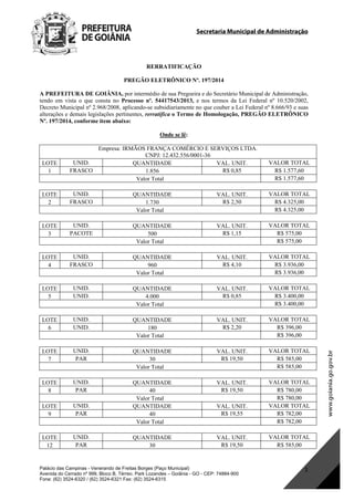 Secretaria Municipal de Administração
Palácio das Campinas - Venerando de Freitas Borges (Paço Municipal)
Avenida do Cerrado nº 999, Bloco B, Térreo. Park Lozandes – Goiânia - GO - CEP: 74884-900
Fone: (62) 3524-6320 / (62) 3524-6321 Fax: (62) 3524-6315
1
RERRATIFICAÇÃO
PREGÃO ELETRÔNICO Nº. 197/2014
A PREFEITURA DE GOIÂNIA, por intermédio de sua Pregoeira e do Secretário Municipal de Administração,
tendo em vista o que consta no Processo nº. 54417543/2013, e nos termos da Lei Federal nº 10.520/2002,
Decreto Municipal nº 2.968/2008, aplicando-se subsidiariamente no que couber a Lei Federal nº 8.666/93 e suas
alterações e demais legislações pertinentes, rerratifica o Termo de Homologação, PREGÃO ELETRÔNICO
Nº. 197/2014, conforme item abaixo:
Onde se lê:
Empresa: IRMÃOS FRANÇA COMÉRCIO E SERVIÇOS LTDA.
CNPJ: 12.432.556/0001-36
LOTE UNID. QUANTIDADE VAL. UNIT. VALOR TOTAL
1 FRASCO 1.856 R$ 0,85 R$ 1.577,60
Valor Total R$ 1.577,60
LOTE UNID. QUANTIDADE VAL. UNIT. VALOR TOTAL
2 FRASCO 1.730 R$ 2,50 R$ 4.325,00
Valor Total R$ 4.325,00
LOTE UNID. QUANTIDADE VAL. UNIT. VALOR TOTAL
3 PACOTE 500 R$ 1,15 R$ 575,00
Valor Total R$ 575,00
LOTE UNID. QUANTIDADE VAL. UNIT. VALOR TOTAL
4 FRASCO 960 R$ 4,10 R$ 3.936,00
Valor Total R$ 3.936,00
LOTE UNID. QUANTIDADE VAL. UNIT. VALOR TOTAL
5 UNID. 4.000 R$ 0,85 R$ 3.400,00
Valor Total R$ 3.400,00
LOTE UNID. QUANTIDADE VAL. UNIT. VALOR TOTAL
6 UNID. 180 R$ 2,20 R$ 396,00
Valor Total R$ 396,00
LOTE UNID. QUANTIDADE VAL. UNIT. VALOR TOTAL
7 PAR 30 R$ 19,50 R$ 585,00
Valor Total R$ 585,00
LOTE UNID. QUANTIDADE VAL. UNIT. VALOR TOTAL
8 PAR 40 R$ 19,50 R$ 780,00
Valor Total R$ 780,00
LOTE UNID. QUANTIDADE VAL. UNIT. VALOR TOTAL
9 PAR 40 R$ 19,55 R$ 782,00
Valor Total R$ 782,00
LOTE UNID. QUANTIDADE VAL. UNIT. VALOR TOTAL
12 PAR 30 R$ 19,50 R$ 585,00
DOM Eletrônico Edição Nº 6094, de 03 de junho de 2015. Página 167 de 250
Prefeitura de Goiânia/ Secretaria Municipal da Casa Civil Assinado Digitalmente: www.goiania.go.gov.br
 