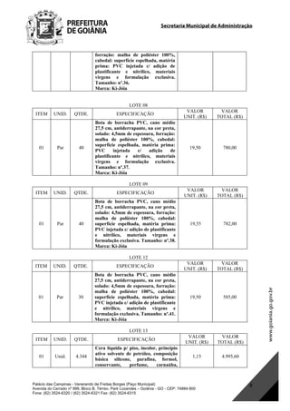 Secretaria Municipal de Administração
Palácio das Campinas - Venerando de Freitas Borges (Paço Municipal)
Avenida do Cerrado nº 999, Bloco B, Térreo. Park Lozandes – Goiânia - GO - CEP: 74884-900
Fone: (62) 3524-6320 / (62) 3524-6321 Fax: (62) 3524-6315
8
forração: malha de poliéster 100%,
cabedal: superfície espelhada, matéria
prima: PVC injetada c/ adição de
plastificante e nitrílico, materiais
virgens e formulação exclusiva.
Tamanho: nº.36.
Marca: Ki-Jóia
LOTE 08
ITEM UNID. QTDE. ESPECIFICAÇÃO
VALOR
UNIT. (R$)
VALOR
TOTAL (R$)
01 Par 40
Bota de borracha PVC, cano médio
27,5 cm, antiderrapante, na cor preta,
solado: 4,5mm de espessura, forração:
malha de poliéster 100%, cabedal:
superfície espelhada, matéria prima:
PVC injetada c/ adição de
plastificante e nitrílico, materiais
virgens e formulação exclusiva.
Tamanho: nº.37.
Marca: Ki-Jóia
19,50 780,00
LOTE 09
ITEM UNID. QTDE. ESPECIFICAÇÃO
VALOR
UNIT. (R$)
VALOR
TOTAL (R$)
01 Par 40
Bota de borracha PVC, cano médio
27,5 cm, antiderrapante, na cor preta,
solado: 4,5mm de espessura, forração:
malha de poliéster 100%, cabedal:
superfície espelhada, matéria prima:
PVC injetada c/ adição de plastificante
e nitrílico, materiais virgens e
formulação exclusiva. Tamanho: nº.38.
Marca: Ki-Jóia
19,55 782,00
LOTE 12
ITEM UNID. QTDE. ESPECIFICAÇÃO
VALOR
UNIT. (R$)
VALOR
TOTAL (R$)
01 Par 30
Bota de borracha PVC, cano médio
27,5 cm, antiderrapante, na cor preta,
solado: 4,5mm de espessura, forração:
malha de poliéster 100%, cabedal:
superfície espelhada, matéria prima:
PVC injetada c/ adição de plastificante
e nitrílico, materiais virgens e
formulação exclusiva. Tamanho: nº.41.
Marca: Ki-Jóia
19,50 585,00
LOTE 13
ITEM UNID. QTDE. ESPECIFICAÇÃO
VALOR
UNIT. (R$)
VALOR
TOTAL (R$)
01 Unid. 4.344
Cera líquida p/ piso, incolor, princípio
ativo solvente de petróleo, composição
básica silicone, parafina, formol,
conservante, perfume, carnaúba,
1,15 4.995,60
DOM Eletrônico Edição Nº 6094, de 03 de junho de 2015. Página 174 de 250
Prefeitura de Goiânia/ Secretaria Municipal da Casa Civil Assinado Digitalmente: www.goiania.go.gov.br
 