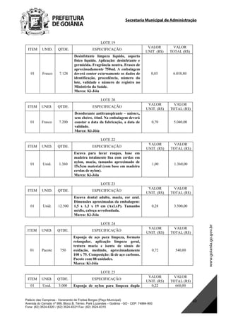 Secretaria Municipal de Administração
Palácio das Campinas - Venerando de Freitas Borges (Paço Municipal)
Avenida do Cerrado nº 999, Bloco B, Térreo. Park Lozandes – Goiânia - GO - CEP: 74884-900
Fone: (62) 3524-6320 / (62) 3524-6321 Fax: (62) 3524-6315
10
LOTE 19
ITEM UNID. QTDE. ESPECIFICAÇÃO
VALOR
UNIT. (R$)
VALOR
TOTAL (R$)
01 Frasco 7.128
Desinfetante limpeza líquido, aspecto
físico líquido. Aplicação: desinfetante e
germicida. Fragrância neutra. Frasco de
aproximadamente 750ml. A embalagem
deverá conter externamente os dados de
identificação, procedência, número do
lote, validade e número de registro no
Ministério da Saúde.
Marca: Ki-Jóia
0,85 6.058,80
LOTE 20
ITEM UNID. QTDE. ESPECIFICAÇÃO
VALOR
UNIT. (R$)
VALOR
TOTAL (R$)
01 Frasco 7.200
Desodorante antitranspirante – unissex,
sem cheiro, 44ml. Na embalagem deverá
constar a data da fabricação, a data de
validade.
Marca: Ki-Jóia
0,70 5.040,00
LOTE 22
ITEM UNID. QTDE. ESPECIFICAÇÃO
VALOR
UNIT. (R$)
VALOR
TOTAL (R$)
01 Unid. 1.360
Escova para lavar roupas, base em
madeira totalmente lisa com cerdas em
nylon, macia, tamanho aproximado de
15x5cm material (com base em madeira
cerdas de nylon).
Marca: Ki-Jóia
1,00 1.360,00
LOTE 23
ITEM UNID. QTDE. ESPECIFICAÇÃO
VALOR
UNIT. (R$)
VALOR
TOTAL (R$)
01 Unid. 12.500
Escova dental adulto, macia, cor azul.
Dimensões aproximadas da embalagem:
1,5 x 1,3 x 19 cm (AxLxP). Tamanho
médio, cabeça arredondada.
Marca: Ki-Jóia
0,28 3.500,00
LOTE 24
ITEM UNID. QTDE. ESPECIFICAÇÃO
VALOR
UNIT. (R$)
VALOR
TOTAL (R$)
01 Pacote 750
Esponja de aço para limpeza, formato
retangular, aplicação limpeza geral,
textura macia e isenta de sinais de
oxidação, medindo, aproximadamente
100 x 75. Composição: lã de aço carbono.
Pacote com 08 unidades.
Marca: Ki-Jóia
0,72 540,00
LOTE 25
ITEM UNID. QTDE. ESPECIFICAÇÃO
VALOR
UNIT. (R$)
VALOR
TOTAL (R$)
01 Unid. 3.000 Esponja de nylon para limpeza dupla 0,22 660,00
DOM Eletrônico Edição Nº 6094, de 03 de junho de 2015. Página 176 de 250
Prefeitura de Goiânia/ Secretaria Municipal da Casa Civil Assinado Digitalmente: www.goiania.go.gov.br
 