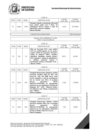 Secretaria Municipal de Administração
Palácio das Campinas - Venerando de Freitas Borges (Paço Municipal)
Avenida do Cerrado nº 999, Bloco B, Térreo. Park Lozandes – Goiânia - GO - CEP: 74884-900
Fone: (62) 3524-6320 / (62) 3524-6321 Fax: (62) 3524-6315
14
LOTE 61
ITEM UNID. QTDE. ESPECIFICAÇÃO
VALOR
UNIT. (R$)
VALOR
TOTAL (R$)
01 Galão 1.500
Shampoo líquido aromatizado jaborandi
para cabelo, galão com 5 litros. Na
embalagem deverá constar a data da
fabricação, a data de validade.
Marca: Ki-Jóia
16,50 24.750,00
VALOR TOTAL DOS LOTES R$ 238.883,64
Empresa: JBA COMERCIAL LTDA.
CNPJ: 11.966.241/0001-06
LOTE 10
ITEM UNID. QTDE. ESPECIFICAÇÃO
VALOR
UNIT. (R$)
VALOR
TOTAL (R$)
01 Par 30
Bota de borracha PVC, cano médio
27,5 cm, antiderrapante, na cor preta,
solado: 4,5mm de espessura, forração:
malha de poliéster 100%, cabedal:
superfície espelhada, matéria prima:
PVC injetada c/ adição de plastificante
e nitrílico, materiais virgens e
formulação exclusiva. Tamanho: nº.39.
Marca: Vonder
20,76 622,80
LOTE 36
ITEM UNID. QTDE. ESPECIFICAÇÃO
VALOR
UNIT. (R$)
VALOR
TOTAL (R$)
01 Unid. 100
Lâmpada fluorescente compacta, contém
mercúrio metálico (HG) de 40w, não
perecível, vida útil 8000 horas (com
reator magnético e ciclo de acendimento
3h, de acordo com IEC). O produto
deverá apresentar SELO
PROCEL/INMETRO de desempenho
impresso na sua embalagem. Potência da
lâmpada: 9W / 220V , diâmetro bulbo:
T4, Diâmetro mm: 40mm, Comprimento
mm : 140mm.
Marca: Empalux
17,88 1.788,00
LOTE 37
ITEM UNID. QTDE. ESPECIFICAÇÃO
VALOR
UNIT. (R$)
VALOR
TOTAL (R$)
01 Unid. 100
Lâmpada fluorescente tubular, contém
mercúrio metálico (HG) 16w. O produto
deverá apresentar SELO
PROCEL/INMETRO de desempenho
impresso na sua embalagem. Dimensões
(Comp. X Diam.): 60,4 cm x 2,6 cm
Marca: Empalux
7,20 720,00
DOM Eletrônico Edição Nº 6094, de 03 de junho de 2015. Página 180 de 250
Prefeitura de Goiânia/ Secretaria Municipal da Casa Civil Assinado Digitalmente: www.goiania.go.gov.br
 
