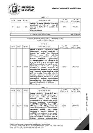 Secretaria Municipal de Administração
Palácio das Campinas - Venerando de Freitas Borges (Paço Municipal)
Avenida do Cerrado nº 999, Bloco B, Térreo. Park Lozandes – Goiânia - GO - CEP: 74884-900
Fone: (62) 3524-6320 / (62) 3524-6321 Fax: (62) 3524-6315
17
LOTE 63
ITEM UNID. QTDE. ESPECIFICAÇÃO
VALOR
UNIT. (R$)
VALOR
TOTAL (R$)
01 Unid. 160
Vassoura de palha para piso, com cabo
plastificado, de 1,20 m e com 03
amarrações. Palha de Coqueirinho de
Cerrado.
Marca: Rodobem
4,30 688,00
VALOR TOTAL DOS LOTES R$ 19.942,00
Empresa: MBS DISTRIBUIDORA COMERCIAL LTDA.
CNPJ: 05.821.117/0002-30
LOTE 28
ITEM UNID. QTDE. ESPECIFICAÇÃO
VALOR
UNIT. (R$)
VALOR
TOTAL (R$)
01 Pacote 2.500
Fralda Geriátrica Descartável para
incontinência urinária moderada e
intensa, uso adulto, com cobertura
filtrante suave, fitas adesivas
reposicionáveis e elásticos nas pernas,
formato anatômico. Especificações:
TAMANHO PEQUENO, cintura 50 cm
a 80 cm, peso 30 a 40 kg, quatro fitas
adesivas reposicionáveis, barreiras anti-
vazamento, atóxica,com grande
suavidade e conforto, indicador de
umidade/troca, muda de cor ao contato
com o líquido e indica quando a fralda
pode ser trocada. Composição: polpa de
celulose, polímero superabsorvente,
filme de polietileno, não tecido de fibras
polipropileno, adesivos termoplásticos
fios de elastano e fitas adesivas. Pacote
com aproximadamente 10 unidades
Marca: Kisses
10,00 25.000,00
LOTE 29
ITEM UNID. QTDE. ESPECIFICAÇÃO
VALOR
UNIT. (R$)
VALOR
TOTAL (R$)
01 Pacote 2.500
Fralda Geriátrica Descartável para
incontinência urinária moderada e
intensa, uso adulto, com cobertura
filtrante suave, fitas adesivas
reposicionáveis e elásticos nas pernas,
formato anatômico. Especificações:
TAMANHO GRANDE, cintura 115 a
150 cm, peso 70 a 90 kg, quatro fitas
adesivas reposicionáveis, barreiras anti-
vazamento, atóxica, com grande
suavidade e conforto, indicador de
umidade/troca, muda de cor ao contato
com o líquido e indica quando a fralda
pode ser trocada. Composição: Polpa de
celulose, polimero superabsorvente,
10,00 25.000,00
DOM Eletrônico Edição Nº 6094, de 03 de junho de 2015. Página 183 de 250
Prefeitura de Goiânia/ Secretaria Municipal da Casa Civil Assinado Digitalmente: www.goiania.go.gov.br
 
