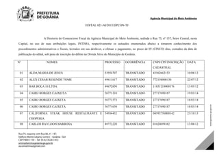 Agência Municipal do Meio Ambiente
Rua 75, esquina com Rua 66, n°. 137,
Edifício Monte Líbano, Centro – Goiânia –GO
CEP:74055-110 – Tel: 55 62 3524-1412
amma@amma.goiania.go.gov.br
ascomamma@gmail.com
EDITAL 021-AI/2015/DPCON-TJ
A Diretoria do Contencioso Fiscal da Agência Municipal do Meio Ambiente, sediada a Rua 75, nº 137, Setor Central, nesta
Capital, no uso de suas atribuições legais, INTIMA, respectivamente os autuados enumerados abaixo a tomarem conhecimento dos
procedimentos administrativos e fiscais, lavrados em seu desfavor, e efetuar o pagamento, no prazo de 05 (CINCO) dias, contados da data de
publicação do edital, sob pena de inscrição do débito na Dívida Ativa do Município de Goiânia.
N° NOMES PROCESSO OCORRÊNCIA CNPJ/CPF/INSCRIÇÃO
CADASTRAL
DATA
01 ALDA MARIA DE JESUS 53954707 TRANSITADO 43562662153 10/08/13
02 ALEX CESAR RESENDE TOME 49611617 TRANSITADO 772158000130 22/07/12
03 BAR BOLA 10 LTDA 48672850 TRANSITADO 11851218000176 13/05/12
04 CAIRO BORGES CAIXEITA 56771310 TRANSITADO 27717690187 19/03/14
05 CAIRO BORGES CAIXETA 56771573 TRANSITADO 27717690187 18/03/14
06 CAIRO BORGES CAIXETA 56771638 TRANSITADO 27717690187 18/03/14
07 CALIFORNIA STEAK HOUSE RESTAURANTE E
CHOPERIA
54934432 TRANSITADO 04593756000142 23/10/13
08 CARLOS RAYLDON BARBOSA 49772220 TRANSITADO 01024699382 13/08/12
DOM Eletrônico Edição Nº 6094, de 03 de junho de 2015. Página 230 de 250
Prefeitura de Goiânia/ Secretaria Municipal da Casa Civil Assinado Digitalmente: www.goiania.go.gov.br
 