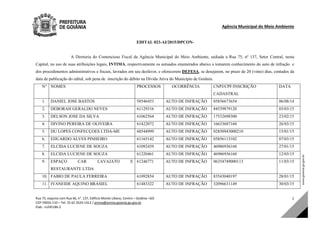 Agência Municipal do Meio Ambiente 
Rua 75, esquina com Rua 66, n°. 137, Edifício Monte Líbano, Centro – Goiânia –GO 
CEP:74055‐110 – Tel: 55 62 3524‐1412 / amma@amma.goiania.go.gov.br 
Elab.: m245186‐2 
1 
EDITAL 023-AI/2015/DPCON-
A Diretoria do Contencioso Fiscal da Agência Municipal do Meio Ambiente, sediada a Rua 75, nº 137, Setor Central, nesta
Capital, no uso de suas atribuições legais, INTIMA, respectivamente os autuados enumerados abaixo a tomarem conhecimento do auto de infração e
dos procedimentos administrativos e fiscais, lavrados em seu desfavor, e oferecerem DEFESA, se desejarem, no prazo de 20 (vinte) dias, contados da
data de publicação do edital, sob pena de inscrição do débito na Dívida Ativa do Município de Goiânia.
N° NOMES PROCESSOS OCORRÊNCIA CNPJ/CPF/INSCRIÇÃO
CADASTRAL
DATA
1. DANIEL JOSE BASTOS 58546453 AUTO DE INFRAÇÃO 05856673654 06/08/14
2. DEBORAH GERALDO NEVES 61129316 AUTO DE INFRAÇÃO 84539879120 03/03/15
3. DELSON JOSE DA SILVA 61062564 AUTO DE INFRAÇÃO 17532698300 23/02/15
4. DIVINO PEREIRA DE OLIVEIRA 61422072 AUTO DE INFRAÇÃO 16633687168 26/03/15
5. DU LOPES CONFECÇOES LTDA-ME 60544999 AUTO DE INFRAÇÃO 02850943000210 15/01/15
6. EDUARDO ALVES PINHEIRO 61165142 AUTO DE INFRAÇÃO 03856115102 07/03/15
7. ELCIDA LUCIENE DE SOUZA 61092439 AUTO DE INFRAÇÃO 46986936168 27/01/15
8. ELCIDA LUCIENE DE SOUZA 61220461 AUTO DE INFRAÇÃO 46986936168 12/03/15
9. ESPAÇO CAR LAVAJATO E
RESTAURANTE LTDA
61246771 AUTO DE INFRAÇÃO 06354749000113 11/03/15
10. FABIO DE PAULA FERREIRA 61092854 AUTO DE INFRAÇÃO 83543040197 28/01/15
11. IVANEIDE AQUINO BRASIEL 61483322 AUTO DE INFRAÇÃO 32096631149 30/03/15
DOM Eletrônico Edição Nº 6094, de 03 de junho de 2015. Página 237 de 250
Prefeitura de Goiânia/ Secretaria Municipal da Casa Civil Assinado Digitalmente: www.goiania.go.gov.br
 