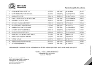 Agência Municipal do Meio Ambiente
Rua 75, esquina com Rua 66, n°. 137,
Edifício Monte Líbano, Centro – Goiânia –GO
CEP:74055-110 – Tel: 55 62 3524-1412
amma@amma.goiania.go.gov.br
ascomamma@gmail.com
12 LEANDRO RODRIGUES ALVES 51191951 DECISAO 03781548856 16/12/12
13 LIN WANER GARCIA DE OLIVEIRA 53633391 DECISAO 13305025000145 15/07/13
14 LORENA TELES ME 51406974 DECISAO 15145679000184 16/01/13
15 LUCIVANIO SEBASTIAO DE OLIVEIRA 51810911 DECISAO 10713120000190 14/02/13
16 RESIDENCIAL MARGARIDA 58698822 DECISAO 15084245000111 14/08/14
18 RICARDO DA SILVA TEIXEIRA 49280351 DECISAO 47989645149 28/06/12
19 RIZZONE CELESTINO DA GAMA 47353963 DECISAO 88723151153 25/01/12
20 RODRIGUES E FARIAS LTDA-ME 57610387 DECISAO 19714833000142 23/05/14
21 ROGERIO MARINHO TRISTAO 57490543 DECISAO 13390209000150 16/05/14
22 ROSENO VALERIO DA SILVA 48486444 DECISAO 13169187000101 20/04/12
23 RUDSON ITALO DE OLIVEIRA CHAVES 53775365 DECISAO 00861917138 27/07/13
24 SEBASTIAO CARDOSO PEREIRA 42544507 DECISAO 47904860104 31/10/10
25 TAUFIC AUDAD 56855394 DECISAO 03724174187 25/03/14
26 WANDERLEY ANTONIO GIELOV 48532641 DECISAO 69169950172 26/04/12
27 WESLEY SILVA COSTA 51768035 DECISAO 01224653181 10/02/13
Departamento do Contencioso Fiscal da Agência Municipal do Meio Ambiente, em Goiânia, aos 28 dias do mês de maio de 2015.
GEÓRGIA VENINAFERREIRA RIBEIRO
Diretora do DPCON-AMMA
Matricula: nº 591181
DOM Eletrônico Edição Nº 6094, de 03 de junho de 2015. Página 246 de 250
Prefeitura de Goiânia/ Secretaria Municipal da Casa Civil Assinado Digitalmente: www.goiania.go.gov.br
 