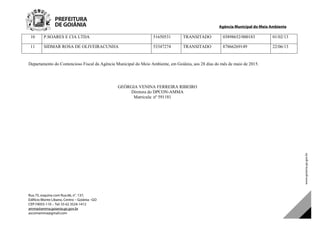 Agência Municipal do Meio Ambiente
Rua 75, esquina com Rua 66, n°. 137,
Edifício Monte Líbano, Centro – Goiânia –GO
CEP:74055-110 – Tel: 55 62 3524-1412
amma@amma.goiania.go.gov.br
ascomamma@gmail.com
10 P.SOARES E CIA LTDA 51650531 TRANSITADO 03898652/000183 01/02/13
11 SIDMAR ROSA DE OLIVEIRACUNHA 53347274 TRANSITADO 87866269149 22/06/13
Departamento do Contencioso Fiscal da Agência Municipal do Meio Ambiente, em Goiânia, aos 28 dias do mês de maio de 2015.
GEÓRGIA VENINA FERREIRA RIBEIRO
Diretora do DPCON-AMMA
Matricula: nº 591181
DOM Eletrônico Edição Nº 6094, de 03 de junho de 2015. Página 248 de 250
Prefeitura de Goiânia/ Secretaria Municipal da Casa Civil Assinado Digitalmente: www.goiania.go.gov.br
 