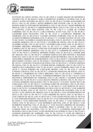 Secretaria Municipal de Finanças
Av. do Cerrado, nº 999 Bl. E – Park Lozandes, Paço Municipal
Goiânia – GO - CEP 74.884-092
Fone: (62) 3524-3015
 
JUVENCIO DA COSTA NUNES; CDA VL R$ 109,05 C/ KAIRO MAGNO DE MENDONCA
TOLEDO; CDA VL R$ 484,69 C/ KARLA WINDER DE ALMEIDA E OUTROS; CDA VL R$
344,94 C/ KATIA OLIVEIRA DA SILVA; CDA VL R$ 234,48 C/ KAYRO ALEXANDRE DA
SILVA; CDA VL R$ 229,00 C/ KENIA ROBERTA DOS SANTOS; CDA VL R$ 202,76 C/
KENNIA MARCIA FURTADO DE MENDONCA; CDA VL R$ 550,10 C/ KEZIO RIBEIRO DE
FREITAS; CDA VL R$ 469,37 C/ KRISHNAMURTI BRAZ AVILA E OU; CDA VL R$ 293,78
C/ LAITYNNA LUIZA DOS SANTOS; CDA VL R$ 1.305,17 C/ LAMIR DE CASTRO
CARDOSO; CDA VL R$ 147,25 C/ LARA CRISTINA ALVES VAZ; CDA VL R$ 491,80 C/
LAUDEMIR JOAO FELICIANO; CDA VL R$ 127,63 C/ LAUDICENA MOREIRA DE
ANDRADE; CDA VL R$ 297,82 C/ LAZARO ANTONIO ANDRADE; CDA VL R$ 165,85 C/
LAZARO HUMBERTO HONORIO; CDA VL R$ 883,17 C/ LAZARO JACINTO ALVES; CDA
VL R$ 130,90 C/ LEANDRO CASARINI DE OLIVEIRA; CDA VL R$ 878,97 C/ LEANDRO DE
ALMEIDA MORAES; CDA VL R$ 575,48 C/ LEANDRO DE SOUZA; CDA VL R$ 116,43 C/
LEANDRO JAYME; CDA VL R$ 152,05 C/ LEANDRO LIMA LEITE; CDA VL R$ 308,35 C/
LEANDRO SIQUEIRA MEDEIROS; CDA VL R$ 163,17 C/ LEIDE LAURA ARRUDA
CAMPOS; CDA VL R$ 144,56 C/ LEIDYANE EUSTAQUIO DE MORAIS; CDA VL R$ 251,14
C/ LEILSON BORGES MOREIRA; CDA VL R$ 322,57 C/ LEIRIMAR DE SOUSA SILVA;
CDA VL R$ 144,54 C/ LENISVAL DIONIZIO VIEIRA; CDA VL R$ 63,82 C/ LENOIR JOSE
DE ARAUJO; CDA VL R$ 508,29 C/ LEOMAR GONCALVES DOS SANTOS E SOLIMAR
GONCALV; CDA VL R$ 127,20 C/ LEONARDO ALENCAR PEREIRA; CDA VL R$ 344,96 C/
LEONARDO CARDOZO DE ALBUQUERQUE; CDA VL R$ 2.206,05 C/ LEONARDO GOMES
DOS PASSOS E OUTRA; CDA VL R$ 854,06 C/ LEONARDO SILVA BARCELOS; CDA VL
R$ 150,78 C/ LEONTINA VENANCIA DE JESUS; CDA VL R$ 874,91 C/ LETICIA CRISTINA
DE SOUZA; CDA VL R$ 416,59 C/ LEYMAR ROCHA ANDRADE; CDA VL R$ 2.239,52 C/
LIBERTA SILVA BRANDAO; CDA VL R$ 181,08 C/ LILIAN FERREIRA DIAS; CDA VL R$
243,68 C/ LILIAN PEREIRA DE CARVALHO MOURA; CDA VL R$ 63,82 C/ LILIAN
VANESSA LOGATTI; CDA VL R$ 293,78 C/ LINDAURA ROSALINA DE SOUZA; CDA VL
R$ 493,03 C/ LINDBERGH DA COSTA MIRANDA; CDA VL R$ 452,26 C/ LINDINALVA
BARROS LIMA; CDA VL R$ 165,85 C/ LINDOMAR RIBEIRO; CDA VL R$ 1.716,43 C/ LOJA
MACONICA APRENDIZES DA VERDADE; CDA VL R$ 1.864,00 C/ LOURDES MARTINS
VARAO; CDA VL R$ 901,92 C/ LUCIA HELENA PROENCA BUENO; CDA VL R$ 136,01 C/
LUCIANA BARBOSA MAGALHAES; CDA VL R$ 626,56 C/ LUCIANA TELMA SILVA DE
CARVALHO; CDA VL R$ 708,35 C/ LUCIMAR LEMES DE OLIVEIRA; CDA VL R$ 100,21
C/ LUDMILA BAIOCCHI CARNEIRO; CDA VL R$ 666,10 C/ LUIS MARCOS DA SILVA;
CDA VL R$ 78,78 C/ LUISMAR PEREIRA DA CRUZ; CDA VL R$ 293,99 C/ LUIZ ALBERTO
COSTA E OUTRA; CDA VL R$ 7.073,59 C/ LUIZ ALBERTO DE OLIVEIRA; CDA VL R$
224,20 C/ LUIZ ANGELO DE URZEDA; CDA VL R$ 204,20 C/ LUIZ ANTONIO ROCHA DA
SILVA E OU; CDA VL R$ 198,75 C/ LUIZ CARDOSO DA SILVA; CDA VL R$ 869,41 C/
LUIZ CARLOS DA SILVA; CDA VL R$ 613,85 C/ LUIZ CEZAR INACIO; CDA VL R$ 63,82
C/ LUIZ FERNADO PEIXOTO; CDA VL R$ 487,78 C/ LUIZ FERNANDO PEIXOTO; CDA VL
R$ 454,06 C/ LUIZ FERNANDO PEIXOTO; CDA VL R$ 208,51 C/ LUIZ GONZAGA DA
COSTA; CDA VL R$ 858,16 C/ LUIZ HENRIQUE GOUVEIA; CDA VL R$ 344,94 C/ LUIZ
HUMBERTO MARTINS; CDA VL R$ 486,51 C/ LUIZ OTAVIO CARDOSO DE OLIVIERA;
CDA VL R$ 415,35 C/ LUIZA OLIVEIRA PIRES E OUTROS; CDA VL R$ 157,32 C/
LUIZMAR ROSA DE OLIVEIRA; CDA VL R$ 721,27 C/ LUIZOMAR FERNANDES DE
OLIVEIRA; CDA VL R$ 473,98 C/ LUZIA FRANCISCA DA FONSECA; CDA VL R$ 575,48 C/
LUZIMAR QUINTINO DE ANDRADE; CDA VL R$ 5.295,16 C/ LUZO DE FREITAS E
OUTRA; CDA VL R$ 237,35 C/ LYDEON CAMELO PINTO; CDA VL R$ 324,40 C/ LYDEON
DOM Eletrônico Edição Nº 6094, de 03 de junho de 2015. Página 96 de 250
Prefeitura de Goiânia/ Secretaria Municipal da Casa Civil Assinado Digitalmente: www.goiania.go.gov.br
 