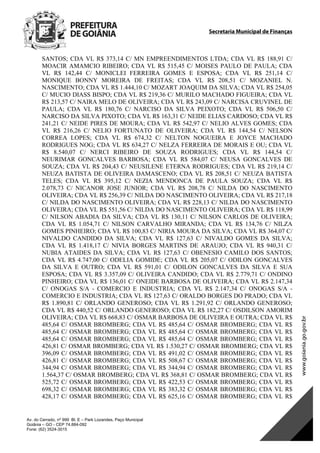 Secretaria Municipal de Finanças
Av. do Cerrado, nº 999 Bl. E – Park Lozandes, Paço Municipal
Goiânia – GO - CEP 74.884-092
Fone: (62) 3524-3015
 
SANTOS; CDA VL R$ 373,14 C/ MN EMPREENDIMENTOS LTDA; CDA VL R$ 188,91 C/
MOACIR AMAMCIO RIBEIRO; CDA VL R$ 515,45 C/ MOISES PAULO DE PAULA; CDA
VL R$ 142,44 C/ MONICLEI FERREIRA GOMES E ESPOSA; CDA VL R$ 251,14 C/
MONIQUE BONNY MOREIRA DE FREITAS; CDA VL R$ 208,51 C/ MOZANIEL N.
NASCIMENTO; CDA VL R$ 1.444,10 C/ MOZART JOAQUIM DA SILVA; CDA VL R$ 254,05
C/ MUCIO DIASS BISPO; CDA VL R$ 219,36 C/ MURILO MACHADO FIGUEIRA; CDA VL
R$ 213,57 C/ NAIRA MELO DE OLIVEIRA; CDA VL R$ 243,09 C/ NARCISA CRUVINEL DE
PAULA; CDA VL R$ 180,76 C/ NARCISO DA SILVA PEIXOTO; CDA VL R$ 506,50 C/
NARCISO DA SILVA PIXOTO; CDA VL R$ 163,31 C/ NEIDE ELIAS CARDOSO; CDA VL R$
241,21 C/ NEIDE PIRES DE MOURA; CDA VL R$ 542,97 C/ NELIO ALVES GOMES; CDA
VL R$ 216,26 C/ NELIO FORTUNATO DE OLIVEIRA; CDA VL R$ 144,54 C/ NELSON
CORREA LOPES; CDA VL R$ 674,32 C/ NELTON NOGUEIRA E JOYCE MACHADO
RODRIGUES NOG; CDA VL R$ 634,27 C/ NELZA FERREIRA DE MORAIS E OU; CDA VL
R$ 8.540,07 C/ NERCI RIBEIRO DE SOUZA RODRIGUES; CDA VL R$ 144,54 C/
NEURIMAR GONCALVES BARBOSA; CDA VL R$ 584,07 C/ NEUSA GONCALVES DE
SOUZA; CDA VL R$ 204,43 C/ NEUSILENE ETERNA RODRIGUES; CDA VL R$ 219,14 C/
NEUZA BATISTA DE OLIVEIRA DAMASCENO; CDA VL R$ 208,51 C/ NEUZA BATISTA
TELES; CDA VL R$ 395,12 C/ NEZIA MENDONCA DE PAULA SOUZA; CDA VL R$
2.078,73 C/ NICANOR JOSE JUNIOR; CDA VL R$ 208,78 C/ NILDA DO NASCIMENTO
OLIVEIRA; CDA VL R$ 256,39 C/ NILDA DO NASCIMENTO OLIVEIRA; CDA VL R$ 217,18
C/ NILDA DO NASCIMENTO OLIVEIRA; CDA VL R$ 228,13 C/ NILDA DO NASCIMENTO
OLIVEIRA; CDA VL R$ 551,56 C/ NILDA DO NASCIMENTO OLIVEIRA; CDA VL R$ 118,99
C/ NILSON ABADIA DA SILVA; CDA VL R$ 130,11 C/ NILSON CARLOS DE OLIVEIRA;
CDA VL R$ 1.054,71 C/ NILSON CARVALHO MIRANDA; CDA VL R$ 134,76 C/ NILZA
GOMES PINHEIRO; CDA VL R$ 100,83 C/ NIRIA MOURA DA SILVA; CDA VL R$ 364,07 C/
NIVALDO CANDIDO DA SILVA; CDA VL R$ 127,63 C/ NIVALDO GOMES DA SILVA;
CDA VL R$ 1.418,17 C/ NIVIA BORGES MARTINS DE ARAUJO; CDA VL R$ 940,31 C/
NUBIA ATAIDES DA SILVA; CDA VL R$ 127,63 C/ OBENESIO CAMILO DOS SANTOS;
CDA VL R$ 4.747,00 C/ ODELIA GOMIDE; CDA VL R$ 205,07 C/ ODILON GONCALVES
DA SILVA E OUTRO; CDA VL R$ 591,01 C/ ODILON GONCALVES DA SILVA E SUA
ESPOSA; CDA VL R$ 3.357,09 C/ OLIVEIRA CANDIDO; CDA VL R$ 2.779,71 C/ ONDINO
PINHEIRO; CDA VL R$ 136,01 C/ ONEIDE BARBOSA DE OLIVEIRA; CDA VL R$ 2.147,34
C/ ONOGAS S/A - COMERCIO E INDUSTRIA; CDA VL R$ 2.147,34 C/ ONOGAS S/A -
COMERCIO E INDUSTRIA; CDA VL R$ 127,63 C/ ORALDO BORGES DO PRADO; CDA VL
R$ 1.890,81 C/ ORLANDO GENEROSO; CDA VL R$ 1.291,92 C/ ORLANDO GENEROSO;
CDA VL R$ 440,52 C/ ORLANDO GENEROSO; CDA VL R$ 182,27 C/ OSDILSON AMORIM
OLIVEIRA; CDA VL R$ 668,83 C/ OSMAR BARBOSA DE OLIVEIRA E OUTRA; CDA VL R$
485,64 C/ OSMAR BROMBERG; CDA VL R$ 485,64 C/ OSMAR BROMBERG; CDA VL R$
485,64 C/ OSMAR BROMBERG; CDA VL R$ 485,64 C/ OSMAR BROMBERG; CDA VL R$
485,64 C/ OSMAR BROMBERG; CDA VL R$ 485,64 C/ OSMAR BROMBERG; CDA VL R$
426,81 C/ OSMAR BROMBERG; CDA VL R$ 1.530,27 C/ OSMAR BROMBERG; CDA VL R$
396,09 C/ OSMAR BROMBERG; CDA VL R$ 491,02 C/ OSMAR BROMBERG; CDA VL R$
426,81 C/ OSMAR BROMBERG; CDA VL R$ 508,67 C/ OSMAR BROMBERG; CDA VL R$
344,94 C/ OSMAR BROMBERG; CDA VL R$ 344,94 C/ OSMAR BROMBERG; CDA VL R$
1.564,37 C/ OSMAR BROMBERG; CDA VL R$ 368,81 C/ OSMAR BROMBERG; CDA VL R$
525,72 C/ OSMAR BROMBERG; CDA VL R$ 422,53 C/ OSMAR BROMBERG; CDA VL R$
698,32 C/ OSMAR BROMBERG; CDA VL R$ 383,32 C/ OSMAR BROMBERG; CDA VL R$
428,17 C/ OSMAR BROMBERG; CDA VL R$ 625,16 C/ OSMAR BROMBERG; CDA VL R$
DOM Eletrônico Edição Nº 6094, de 03 de junho de 2015. Página 99 de 250
Prefeitura de Goiânia/ Secretaria Municipal da Casa Civil Assinado Digitalmente: www.goiania.go.gov.br
 