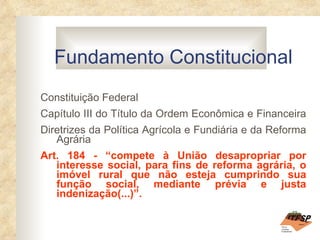 Fundamento Constitucional
Constituição Federal
Capítulo III do Título da Ordem Econômica e Financeira
Diretrizes da Política Agrícola e Fundiária e da Reforma
   Agrária
Art. 184 - “compete à União desapropriar por
   interesse social, para fins de reforma agrária, o
   imóvel rural que não esteja cumprindo sua
   função social, mediante prévia e justa
   indenização(...)”.
 