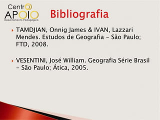    TAMDJIAN, Onnig James & IVAN, Lazzari
    Mendes. Estudos de Geografia - São Paulo;
    FTD, 2008.

   VESENTINI, José William. Geografia Série Brasil
    - São Paulo; Ática, 2005.
 