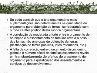 Correlação entre Assentamento e Orçamento2003 - 20062003: Assentamento: 36.301 42.912Obtenção:  R$ 447.759.444 Total: R$ 889.148.884 2004:Assentamento: 81.254Obtenção:  R$ 1.045.830.200 Total:  R$ 1.903.509.6002005:Assentamento: 127.506Obtenção:  R$ 1.403.108.796 Total:  R$ 2.702.211.5692006:Assentamento: 136.358 Obtenção:  R$ 1.489.471.066Total: R$ 3.089.343.9192007 - 20092007: Assentamento:  67.535 1Obtenção:  R$ 1.514.048.471Total: R$ 3.208.053.1572008:Assentamento: 70.157Obtenção:  R$ 1.251.061.959 Total:  R$ 3.617.859.157 2009:Assentamento: 55.498              Obtenção:  R$ 998.203.131 Total:  R$ 3.441.800.871 