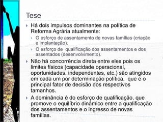 Correlação entre Assentamentos e OrçamentoA análise estatística resultou em:Assentamento X Obtenção:Coeficiente de Pearson: 0,595*Coeficiente de Spearman: 0,352Coeficiente de Kendall: 0,525*Assentamento X Total:Coeficiente de Pearson: 0,434Coeficiente de Spearman: 0,371Coeficiente de Kendall: 0,493Total X Obtenção:Coeficiente de Pearson: 0,858**Coeficiente de Spearman: 0,752**Coeficiente de Kendall: 0,882*** Significativo para 95% e ** significativo para 99