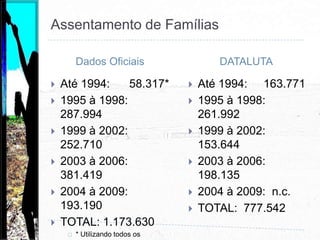  2003 até 2009 – Gov. LulaDados Oficiais:574.609 famílias assentadas nos dados oficiais em 3.348 projetos de assentamento. 381.419 até 2006 em 2.331 projetos de assentamento;193.190 até 2009 em 1.017 projetos de assentamento.187.724 até 2006 e  83.566 até 2009 no norte;  116.817 até 2006 e 58.836 até 2009 no nordeste; 53.331 até 2006 e 37.270 até 2009 no centro-oeste;13.825 até 2006 e 8.804 até 2009 no sudeste;9.722 até 2006 e 4.714  até 2009 no sul. DATALUTA 3:198.135 famílias assentadas em 1963 projetos de assentamento entre 2003 e 2006.3 Ibidem.