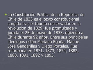La Constitución Política de la República de Chile de 1833 es el texto constitucional surgido tras el triunfo conservador en la revolución de 1829, fue promulgada y jurada el 25 de mayo de 1833, rigiendo a Chile durante 92 años. Entre sus principales ideólogos están Mariano Egaña, Manue  José Gandarillas y Diego Portales. Fue reformada en 1871, 1873, 1874, 1882, 1888, 1891, 1892 y 1893.  