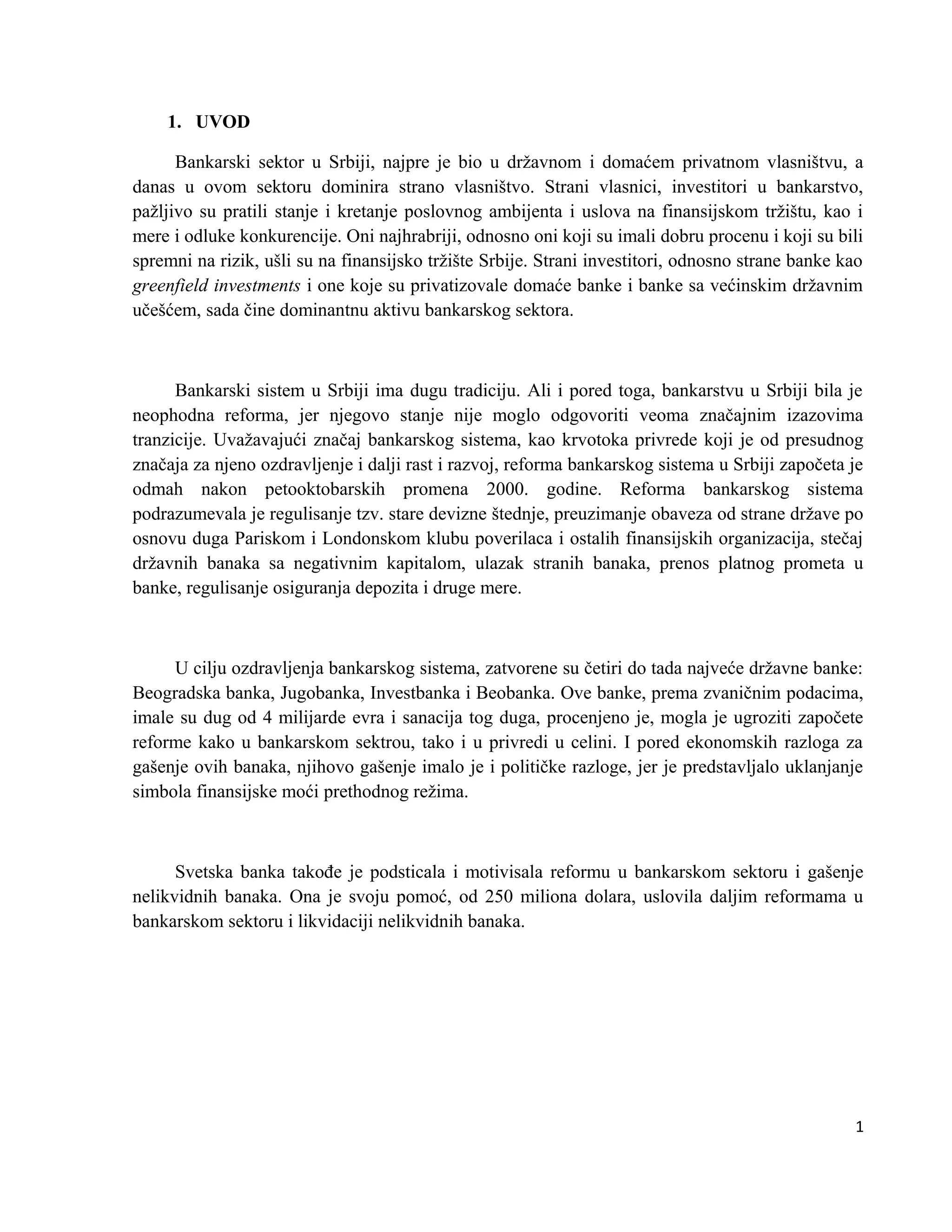 Reforma bankarskog sistema u srbiji | DOC