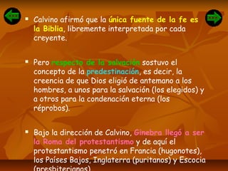  Calvino afirmó que la única fuente de la fe es
la Biblia, libremente interpretada por cada
creyente.
 Pero respecto de la salvación sostuvo el
concepto de la predestinación, es decir, la
creencia de que Dios eligió de antemano a los
hombres, a unos para la salvación (los elegidos) y
a otros para la condenación eterna (los
réprobos).
 Bajo la dirección de Calvino, Ginebra llegó a ser
la Roma del protestantismo y de aquí el
protestantismo penetró en Francia (hugonotes),
los Países Bajos, Inglaterra (puritanos) y Escocia
 