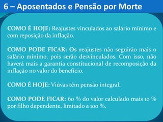 COMO É HOJE: Reajustes vinculados ao salário mínimo e
com reposição da inflação.
COMO PODE FICAR: Os reajustes não seguirão mais o
salário mínimo, pois serão desvinculados. Com isso, não
haverá mais a garantia constitucional de recomposição da
inflação no valor do benefício.
COMO É HOJE: Viúvas têm pensão integral.
COMO PODE FICAR: 60 % do valor calculado mais 10 %
por filho dependente, limitado a 100 %.
6 – Aposentados e Pensão por Morte
 
