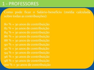 1 - PROFESSORES
Como pode ficar o Salário-benefício (média calculada
sobre todas as contribuições):
80 % = 30 anos de contribuição
82 % = 30 anos de contribuição
84 % = 30 anos de contribuição
86 % = 30 anos de contribuição
88 % = 30 anos de contribuição
90 % = 30 anos de contribuição
92 % = 30 anos de contribuição
94 % = 30 anos de contribuição
96 % = 30 anos de contribuição
98 % = 30 anos de contribuição
100 % = 30 anos de contribuição
 