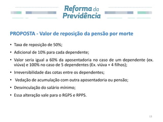 PROPOSTA - Valor de reposição da pensão por morte
• Taxa de reposição de 50%;
• Adicional de 10% para cada dependente;
• Valor seria igual a 60% da aposentadoria no caso de um dependente (ex.
viúva) e 100% no caso de 5 dependentes (Ex. viúva + 4 filhos);
• Irreversibilidade das cotas entre os dependentes;
• Vedação de acumulação com outra aposentadoria ou pensão;
• Desvinculação do salário mínimo;
• Essa alteração vale para o RGPS e RPPS.
13
 