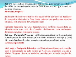 Art. 039 (u) – indicar o banco ou os bancos nos quais devem ser feitos os
depósitos do numerário disponível e fixar limite máximo que poderá ser
mantido em caixa,
Alteração proposta

u) indicar o banco ou os bancos nos quais devem ser feitos os depósitos
do numerário disponível e fixar limite máximo que poderá ser mantido
em caixa, com anuência do Conselho Fiscal;

Inclusão Proposta –(z) Criar departamentos conforme necessidade da
administração com aval do Conselho deliberativo com atribuições
definidas através de regimento interno
Art. 040 - Parágrafo Primeiro – A Diretoria considerar-se-á reunida com
a participação de pelo menos 50 % de seus membros, ou seja 7 (sete)
Diretores. Sendo as decisões tomadas por maioria simples de votos.
 Alteração proposta

Art. 040 – Parágrafo Primeiro – A Diretoria considerar-se-á reunida
com a participação de pelo menos 50 % de seus membros, ou seja 3
(Três) Diretores. Sendo as decisões tomadas por maioria simples de
votos.
 