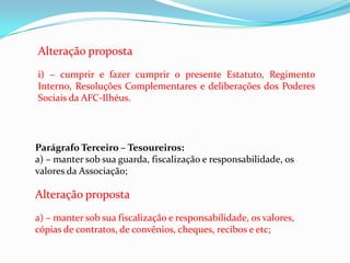 Alteração proposta
i) – cumprir e fazer cumprir o presente Estatuto, Regimento
Interno, Resoluções Complementares e deliberações dos Poderes
Sociais da AFC-Ilhéus.




Parágrafo Terceiro – Tesoureiros:
a) – manter sob sua guarda, fiscalização e responsabilidade, os
valores da Associação;

Alteração proposta
a) – manter sob sua fiscalização e responsabilidade, os valores,
cópias de contratos, de convênios, cheques, recibos e etc;
 
