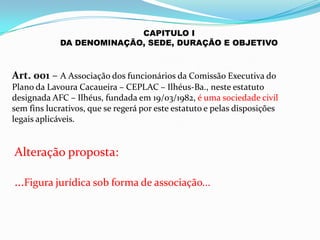 CAPITULO I
             DA DENOMINAÇÃO, SEDE, DURAÇÃO E OBJETIVO



Art. 001 – A Associação dos funcionários da Comissão Executiva do
Plano da Lavoura Cacaueira – CEPLAC – Ilhéus-Ba., neste estatuto
designada AFC – Ilhéus, fundada em 19/03/1982, é uma sociedade civil
sem fins lucrativos, que se regerá por este estatuto e pelas disposições
legais aplicáveis.


Alteração proposta:

...Figura jurídica sob forma de associação...
 