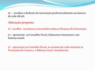 d) – recolher o dinheiro da Associação preferencialmente aos bancos
de rede oficial;

Alteração proposta
d ) recolher aos bancos conveniados todas as finanças da Associação;

e) – apresentar ao Conselho Fiscal, balancetes trimestrais e um
balanço anual;


e) – apresentar ao Conselho Fiscal, ao termino de cada trimestre as
Prestações de Contas e, o Balanço Geral, Anualmente;
 