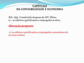 CAPÍTULO
        DA CONTABILIDADE E ECONOMIA

Art. 053– Constituirão despesas da AFC-Ilhéus:
a) – os salários e gratificações a empregados avulsos;

Alteração proposta

 a ) os salários e gratificações a empregados e prestadores de
serviços avulsos;
 