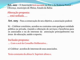 Art. 002 – À Associação terá sua sede no Km 0 da Rodovia Pontal –
Olivença, município de Ilhéus, Estado da Bahia

Alteração proposta:
... está sediada.....
Art. 005 – Para a consecução do seu objetivo, a associação poderá:

b) – Celebrar convênios, acordos ou contratos com qualquer entidade
pública ou privada, visando a obtenção de serviços e benefícios para
os associados e ou de interesse da associação principalmente nas
áreas de educação, saúde e esporte;

Inclusão proposta:
... Com o aval do Conselho Deliberativo...

e) Celebrar acordos de interesse de seus associados.

Texto constante da alínea b. Suprimir alínea e.
 