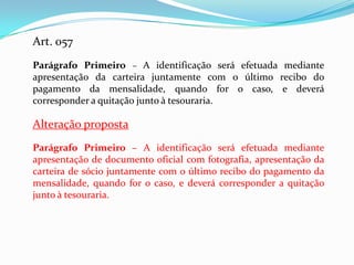 Art. 057
Parágrafo Primeiro – A identificação será efetuada mediante
apresentação da carteira juntamente com o último recibo do
pagamento da mensalidade, quando for o caso, e deverá
corresponder a quitação junto à tesouraria.

Alteração proposta
Parágrafo Primeiro – A identificação será efetuada mediante
apresentação de documento oficial com fotografia, apresentação da
carteira de sócio juntamente com o último recibo do pagamento da
mensalidade, quando for o caso, e deverá corresponder a quitação
junto à tesouraria.
 