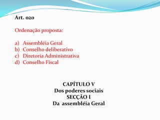 Art. 020

Ordenação proposta:

a)   Assembléia Geral
b)   Conselho deliberativo
c)   Diretoria Administrativa
d)   Conselho Fiscal



                    CAPÍTULO V
                 Dos poderes sociais
                      SECÇÃO I
                 Da assembléia Geral
 