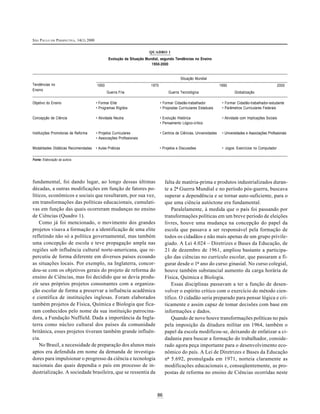 SÃO PAULO EM PERSPECTIVA, 14(1) 2000
86
fundamental, foi dando lugar, ao longo dessas últimas
décadas, a outras modificações em função de fatores po-
líticos, econômicos e sociais que resultaram, por sua vez,
em transformações das políticas educacionais, cumulati-
vas em função das quais ocorreram mudanças no ensino
de Ciências (Quadro 1).
Como já foi mencionado, o movimento dos grandes
projetos visava a formação e a identificação de uma elite
refletindo não só a política governamental, mas também
uma concepção de escola e teve propagação ampla nas
regiões sob influência cultural norte-americana, que re-
percutiu de forma diferente em diversos países ecoando
as situações locais. Por exemplo, na Inglaterra, concor-
dou-se com os objetivos gerais do projeto de reforma do
ensino de Ciências, mas foi decidido que se devia produ-
zir seus próprios projetos consonantes com a organiza-
ção escolar de forma a preservar a influência acadêmica
e científica de instituições inglesas. Foram elaborados
também projetos de Física, Química e Biologia que fica-
ram conhecidos pelo nome da sua instituição patrocina-
dora, a Fundação Nuffield. Dada a importância da Ingla-
terra como núcleo cultural dos países da comunidade
britânica, esses projetos tiveram também grande influên-
cia.
No Brasil, a necessidade de preparação dos alunos mais
aptos era defendida em nome da demanda de investiga-
dores para impulsionar o progresso da ciência e tecnologia
nacionais das quais dependia o país em processo de in-
dustrialização. A sociedade brasileira, que se ressentia da
falta de matéria-prima e produtos industrializados duran-
te a 2ª Guerra Mundial e no período pós-guerra, buscava
superar a dependência e se tornar auto-suficiente, para o
que uma ciência autóctone era fundamental.
Paralelamente, à medida que o país foi passando por
transformações políticas em um breve período de eleições
livres, houve uma mudança na concepção do papel da
escola que passava a ser responsável pela formação de
todos os cidadãos e não mais apenas de um grupo privile-
giado. A Lei 4.024 – Diretrizes e Bases da Educação, de
21 de dezembro de 1961, ampliou bastante a participa-
ção das ciências no currículo escolar, que passaram a fi-
gurar desde o 1º ano do curso ginasial. No curso colegial,
houve também substancial aumento da carga horária de
Física, Química e Biologia.
Essas disciplinas passavam a ter a função de desen-
volver o espírito crítico com o exercício do método cien-
tífico. O cidadão seria preparado para pensar lógica e cri-
ticamente e assim capaz de tomar decisões com base em
informações e dados.
Quando de novo houve transformações políticas no país
pela imposição da ditadura militar em 1964, também o
papel da escola modificou-se, deixando de enfatizar a ci-
dadania para buscar a formação do trabalhador, conside-
rado agora peça importante para o desenvolvimento eco-
nômico do país. A Lei de Diretrizes e Bases da Educação
nº 5.692, promulgada em 1971, norteia claramente as
modificações educacionais e, conseqüentemente, as pro-
postas de reforma no ensino de Ciências ocorridas neste
QUADRO 1
Evolução da Situação Mundial, segundo Tendências no Ensino
1950-2000
Tendências no
Situação Mundial
Ensino
1950 1970 1990 2000
Guerra Fria Guerra Tecnológica Globalização
Objetivo do Ensino • Formar Elite • Formar Cidadão-trabalhador • Formar Cidadão-trabalhador-estudante
• Programas Rígidos • Propostas Curriculares Estaduais • Parâmetros Curriculares Federais
Concepção de Ciência • Atividade Neutra • Evolução Histórica • Atividade com Implicações Sociais
• Pensamento Lógico-crítico
Instituições Promotoras de Reforma • Projetos Curriculares • Centros de Ciências, Universidades • Universidades e Associações Profissionais
• Associações Profissionais
Modalidades Didáticas Recomendadas • Aulas Práticas • Projetos e Discussões • Jogos: Exercícios no Computador
Fonte: Elaboração da autora.
 