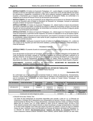 Victoria, Tam., jueves 03 de septiembre de 2015 Periódico OficialPágina 32
ARTÍCULO QUINTO.- El Instituto de Superación Pedagógica, A.C., queda obligado a conceder becas totales o
parciales en términos del reglamento respectivo, cuyo monto no será menor al 5% del total obtenido del ingreso
por inscripciones y colegiaturas, considerando al 100% del la población estudiantil, sujetándose, además, a los
acuerdos y lineamientos que al respecto expida la Secretaría de Educación Pública, de conformidad a lo
establecido por el artículo 94 fracción III de la Ley de Educación para el Estado.
ARTÍCULO SEXTO.- En caso de incumplimiento de las obligaciones que le impone la Ley General de Educación
y la Ley de Educación para el Estado, la Secretaría de Educación de Tamaulipas, revocará la autorización
otorgada al Instituto de Superación Pedagógica, A.C.
ARTÍCULO SÉPTIMO.- El Instituto de Superación Pedagógica, A.C., deberá insertar en toda la documentación
que expida y publicidad que realice, una leyenda que indique su calidad de incorporados, la fecha y el número del
Acuerdo, así como la autoridad que le otorgó, de conformidad con lo previsto en los artículos 93 segundo párrafo
y 96 de la Ley de Educación para el Estado.
ARTÍCULO OCTAVO.- El Instituto de Superación Pedagógica, A.C., deberá pagar en la Tesorería del Estado, la
cuota de incorporación y supervisión escolar respectiva, de acuerdo a lo estipulado en la Ley de Ingresos vigente.
ARTÍCULO NOVENO.- El presente Acuerdo de Autorización, para impartir la Licenciatura en Educación Primaria,
es intransferible y deberá refrendarse en cada cambio de plan y programas de estudios o antes, de considerarlo
necesario la autoridad educativa.
ARTÍCULO DÉCIMO.- Notifíquese el presente Acuerdo al Instituto de Superación Pedagógica, A.C., a efecto de
que cumpla con los requisitos que este Instrumento establece y publíquese en el Periódico Oficial del Estado, a
costa del interesado.
T R A N S I T O R I O
ARTÍCULO ÚNICO.- El presente Acuerdo de autorización entrará en vigor a partir de la firma del Secretario de
Educación.
Firma del Secretario de Educación de Tamaulipas, con fundamento en el Acuerdo Delegatorio de Facultades del
Titular del Ejecutivo del Estado, otorgado al Titular de la Secretaría de Educación del Estado, publicado en el
Periódico Oficial No. 45 de fecha 15 de abril de 2014 y registrado con el Número 001/05/2014, en el Libro I, de los
que tiene a su cargo el Departamento de Reconocimiento de Validez Oficial de Estudios y Supervisión,
dependiente de la Dirección de Educación Superior de la Subsecretaría de Educación Media Superior y Superior.
ATENTAMENTE.- “SUFRAGIO EFECTIVO. NO REELECCIÓN”.- SECRETARIO DE EDUCACIÓN DE
TAMAULIPAS.- DIÓDORO GUERRA RODRÍGUEZ.- Rúbrica.
SECRETARÍA DE OBRAS PÚBLICAS DEL ESTADO DE TAMAULIPAS
Licitación Pública Nacional
Convocatoria: 010
De conformidad con lo que establece la normatividad Estatal en materia de Adquisiciones, Arrendamientos,
Servicios y Obras Públicas, se convoca a los interesados en participar en la(s) licitación(es) de carácter nacional
para la contratación de “Construcción de Centro Integral de Justicia en Ciudad Victoria, Tamaulipas.”, de
conformidad con lo siguiente:
No. de licitación Costo de las bases Fecha límite
para adquirir
bases
Junta de
aclaraciones
Visita al lugar de
la obra o los
trabajos
Presentación de proposiciones y
aperturas técnica y económica
LPE-N02-2015 $2,000.00 12/09/2015 10/09/2015
11:00 horas
09/09/2015
11:00 horas
18/09/2015
11:00 horas
Descripción general de la obra Fecha de inicio Plazo de
ejecución
Capital Contable
Requerido
Construcción de Centro Integral de Justicia 12/10/2015 300 $25’000,000.00
• Ubicación de la obra: Victoria, Tam.
Las bases de la(s) licitación(es) se encuentran disponibles para consulta y venta en: a).- La Dirección de
Licitaciones y Contratos (DLC) dependiente de la Subsecretaría de Servicios Técnicos, ubicada en el Centro
Gubernamental de Oficinas Piso 4, Parque Bicentenario, Libramiento Naciones Unidas con Bulevar Praxedis
Balboa S/N, Cd. Victoria, Tam. C.P. 87083, teléfono 01 (834) 107-81-51, extensión 42321, de 9:00 a 14:00
horas, deberán presentar oficio original indicando su deseo de participar y el pago correspondiente a más tardar
en la fecha arriba señalada como límite para adquirir las bases de Licitación, la forma de pago es mediante
cheque de caja o certificado a favor de la Secretaría de Finanzas del Gobierno del Estado de Tamaulipas; b).-
La dirección de Internet: http://tamaulipas.gob.mx/ (Gobierno del Estado de Tamaulipas>Servicios en
Línea>Licitaciones Públicas>Licitación Secretaría Obras Públicas), quienes deseen participar por este medio,
 