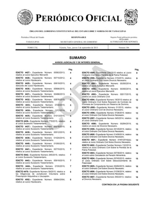 PERIÓDICO OFICIAL
ÓRGANO DEL GOBIERNO CONSTITUCIONAL DEL ESTADO LIBRE Y SOBERANO DE TAMAULIPAS
Periódico Oficial del Estado
TAMAULIPAS
RESPONSABLE
SECRETARÍA GENERAL DE GOBIERNO
Registro Postal publicación periódica
PP28-0009
AUTORIZADO POR SEPOMEX
TOMO CXL Victoria, Tam., jueves 3 de septiembre de 2015. Número 106
SUMARIO
AVISOS JUDICIALES Y DE INTERÉS GENERAL
Pág.
EDICTO 4427.- Expediente Número 00563/2013,
relativo al Juicio Ejecutivo Mercantil.
4
EDICTO 4428.- Expediente Número 00715/2012,
relativo al Juicio Hipotecario.
4
EDICTO 4429.- Expediente Número 00619/2013,
deducido del Juicio Hipotecario.
4
EDICTO 4430.- Expediente Número 00906/2015,
relativo al Juicio Sucesorio Testamentario.
5
EDICTO 4431.- Expediente Número 00488/2013;
relativo al Juicio Sucesorio Testamentario.
5
EDICTO 4432.- Expediente Número 00878/2015,
relativo al Juicio Sucesorio Testamentario.
5
EDICTO 4433.- Expediente Número 0720/2015;
relativo al Juicio Sucesorio Testamentario.
5
EDICTO 4434.- Expediente Número 1372/2014;
relativo al Juicio Sucesorio Testamentario.
5
EDICTO 4435.- Expediente Número 01013/2015,
relativo al Juicio Sucesorio Testamentario.
5
EDICTO 4436.- Expediente Número 779/2015, relativo
al Juicio Sucesorio Testamentario.
6
EDICTO 4437.- Expediente Número 00216/2015,
relativo al Juicio Sucesorio Testamentario.
6
EDICTO 4438.- Expediente Número 00512/2015,
relativo al Juicio Sucesorio Testamentario.
6
EDICTO 4439.- Expediente Número 01024/2015,
relativo al Juicio Sucesorio Testamentario.
6
EDICTO 4440.- Expediente Número 01050/2015,
relativo al Juicio Sucesorio Testamentario.
6
EDICTO 4441.- Expediente Número 00770/2015,
relativo al Juicio Sucesorio Testamentario.
7
EDICTO 4442.- Expediente Número 265/2015, relativo
al Juicio Sucesorio Testamentario.
7
EDICTO 4443.- Expediente Número 00919/2015,
relativo al Juicio Sucesorio Testamentario.
7
EDICTO 4444.- Expediente Número 0720/2015;
relativo al Juicio Sucesorio Testamentario.
7
EDICTO 4479.- Expediente Número 59/2015, relativo a
las Diligencias de Jurisdicción Voluntaria sobre
Prescripción Adquisitiva o Usucapión.
8
EDICTO 4552.- Expediente Número 00664/2004,
relativo al Juicio Hipotecario.
8
Pág.
EDICTO 4589.- Expediente 235/2015 relativo al Juicio
Ordinario Civil Sobre Perdida de la Patria Potestad.
8
EDICTO 4590.- Expediente Número 315/2015, relativo
al Juicio Ordinario Civil Sobre Divorcio Necesario.
9
EDICTO 4591.- Expediente Número 00350/2014,
relativo al Juicio Ejecutivo Mercantil.
9
EDICTO 4592.- Expediente Número 00350/2014,
relativo al Juicio Ejecutivo Mercantil.
10
EDICTO 4593.- Expediente Número 00017/2015,
relativo al Juicio Ordinario Civil.
12
EDICTO 4594.- Expediente Número 18/2015 relativo al
Juicio Ordinario Civil Sobre Rescisión de Contrato de
Promesa de Compraventa con Reserva de Dominio.
12
EDICTO 4595.- Expediente Número 51/2015, relativo
al Juicio Ordinario Civil de Divorcio Necesario.
12
EDICTO 4596.- Expediente Número 0728/2015; relativo
al Juicio Ordinario Civil Sobre Divorcio Necesario.
13
EDICTO 4597.- Expediente Número 945/2014, relativo
al Juicio Ordinario Civil.
13
EDICTO 4598.- Expediente Número 00284/2015;
relativo al Juicio de Divorcio Necesario.
13
EDICTO 4599.- Expediente Número 00145/2015, relativo
al Juicio Ordinario Civil Sobre Divorcio Necesario.
13
EDICTO 4600.- Expediente Número 01409/2014, relativo
al Juicio Ordinario Civil Sobre Divorcio Necesario.
14
EDICTO 4601.- Expediente Número 014512014(sic),
relativo al Juicio Ordinario Civil Sobre Divorcio Necesario.
14
EDICTO 4602.- Expediente Familiar Número 132/2014,
relativo al Juicio Ordinario Civil Sobre la Perdida de la
Patria Potestad.
14
EDICTO 4603.- Expediente Número 00739/2014, relativo
al Juicio sobre Cancelación de Pensión Alimenticia.
14
EDICTO 4604.- Expediente Número 00745/2015, relativo
al Juicio Ordinario Civil Sobre Desconocimiento de
Paternidad.
15
EDICTO 4605.- Expediente Número 00264/2015, relativo
al Juicio Ordinario Civil Sobre Divorcio Necesario.
16
EDICTO 4606.- Expediente Número 01036/2014, relativo
al Juicio Ordinario Civil Sobre Divorcio Necesario.
16
EDICTO 4607.- Expediente Número 855/2013, relativo
al Divorcio Necesario.
16
CONTINÚA EN LA PÁGINA SIGUIENTE
 