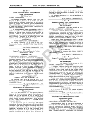 Periódico Oficial Victoria, Tam., jueves 3 de septiembre de 2015
Página 5
E D I C T O
Juzgado Segundo de Primera Instancia Familiar.
Primer Distrito Judicial.
Cd. Victoria, Tam.
A QUIEN CORRESPONDA:
El Ciudadano Licenciado Everardo Pérez Luna, Juez
Segundo de Primera Instancia de lo Familiar, del Primer
Distrito Judicial en el Estado, mediante auto de fecha doce de
agosto del presente año, ordenó la radiación del Expediente
Número 00906/2015, relativo al Juicio Sucesorio Testamentario
a bienes de AMÉRICO GARCÍA MUÑIZ, denunciado por
BEATRIZ VANOYE GARCÍA.
Y por el presente edicto que se publicará por DOS VECES
de diez en diez días en el Periódico Oficial del Estado y en un
periódico de los de mayor circulación en esta ciudad, se
convoca a todos los que se consideren con derecho a la
herencia y en su caso a los acreedores, para que se presenten
en el Juzgado a deducirlo en el término de quince días
contados a partir de la última publicación del edicto.
ATENTAMENTE
"SUFRAGIO EFECTIVO. NO REELECCIÓN"
Cd. Victoria, Tamaulipas, a 18 de agosto de 2015.- El C.
Secretario de Acuerdos, LIC. JOSÉ ÁNGEL WALLE GARCÍA.-
Rúbrica.
4430.- Agosto 25 y Septiembre 3.-1v2.
E D I C T O
Juzgado Tercero de Primera Instancia Familiar.
Quinto Distrito Judicial
Cd. Reynosa, Tam.
CONVOCANDO A HEREDEROS Y ACREEDORES.
Por auto de fecha diecinueve de abril de dos mil trece la
Ciudadana Licenciada Marisa Iracema Rodríguez López, quien
fuera Titular del Juzgado, ordenó la radicación del Expediente
Número 00488/2013; relativo al Juicio Sucesorio Testamentario
a bienes de YOLANDA GARZA GORENA, y la publicación de
Edictos dos veces de diez en diez en el Periódico Oficial del
Estado y en uno de los diarios de mayor circulación de la
localidad, convocando a quienes se consideren con derecho a
la herencia así como a los acreedores, para que se presenten
en Juicio a deducirlo a una junta que se verificara en este
Juzgado dentro del octavo día siguiente a la publicación.- Se
designó al denunciante como interventor de la presente
sucesión.
ATENTAMENTE
“SUFRAGIO EFECTIVO. NO REELECCIÓN”
Cd. Reynosa, Tam., a 22 de mayo de 2015.- La C.
Secretaria de Acuerdos, LIC. CLAUDIA VIRGINIA TORRES
GALLEGOS.- Rúbrica.
4431.- Agosto 25 y Septiembre 3.-1v2.
E D I C T O
Juzgado Primero de Primera Instancia Familiar.
Segundo Distrito Judicial.
Altamira, Tam.
El Lic. Luis Manuel Navarro Cruz, Juez Primero de Primera
Instancia del Ramo Familiar del Segundo Distrito Judicial del
Estado, por auto de fecha tres de julio de dos mil quince
ordenó la radicación del Expediente Número 00878/2015,
relativo al Juicio Sucesorio Testamentario a bienes de ALICIA
ALFARO URIBE denunciado por la C. SANDRA LETICIA
NAVARRO FLORES.
Y por el presente que se publicará por DOS VECES
consecutivas de diez en diez días, tanto en el Periódico Oficial
del Estado y en el periódico matutino considerado el de mayor
circulación de Tampico Tamaulipas, convocando a presuntos
herederos y acreedores, a fin de que si conviene a sus
intereses se apersonen en este Juzgado a deducir los
derechos hereditarios si los tuvieren dentro del término de
quince días contados a partir de la última publicación
ordenada.- Se expide la presente en Altamira, Tam., a 10 de
julio de 2015.- DOY FE.
El C. Secretario de Acuerdos, LIC. SALOMÓN SAMPABLO
MARTÍNEZ.- Rúbrica.
4432.- Agosto 25 y Septiembre 3.-1v2.
E D I C T O
Juzgado Primero de Primera Instancia Familiar.
Quinto Distrito Judicial
Cd. Reynosa, Tam.
Cd. Reynosa, Tamps, a 26 de mayo del 2015.
CITANDO A HEREDEROS Y ACREEDORES.
La Ciudadana Licenciada Priscilla Zafiro Pérez Cosio, Juez
Primero de Primera Instancia de lo Familiar del Quinto Distrito
Judicial del Estado, por auto de esta propia fecha, ordenó la
radicación del Expediente Número 0720/2015; relativo al Juicio
Sucesorio Testamentario a bienes de JESÚS GONZÁLEZ
CERDA, denunciado por SILVESTRA VELA SILVA.
Por este edicto, que se publicará por DOS VECES de diez
en diez días en el Periódico Oficial del Estado y en uno de los
diarios de mayor circulación de la localidad, convocando a
quienes se consideren con derecho a la herencia así como a
acreedores a fin de que se presenten en Juicio a deducirlo a
una Junta que se verificara en este Juzgado dentro de los ocho
días siguientes a la citación.
ATENTAMENTE
El C. Secretario de Acuerdos, LIC. SIMÓN ALBERTO
LÓPEZ IBARRA.- Rúbrica.
4433.- Agosto 25 y Septiembre 3.-1v2.
E D I C T O
Juzgado Primero de Primera Instancia Familiar.
Quinto Distrito Judicial
Cd. Reynosa, Tam.
Cd. Reynosa, Tam; 20 de mayo del 2015.
CITANDO A HEREDEROS Y ACREEDORES.
La Ciudadana Licenciada Priscilla Zafiro Pérez Cosio, Juez
Primero de Primera Instancia de lo Familiar del Quinto Distrito
Judicial del Estado, nueva Titular de este Juzgado, dando
cumplimiento el proveído de fecha catorce de octubre del año
dos mil catorce, mediante el cual ordenó la radicación del
Expediente Número 1372/2014; relativo al Juicio Sucesorio
Testamentario a bienes de JOSÉ SALVADOR CANTÚ DE LA
GARZA, denunciado par ALMA DELIA MENDOZA LUCIO.
Por este edicto, que se publicará por DOS VECES de diez
en diez días en el Periódico Oficial del Estado y en uno de los
diarios de mayor circulación de la localidad, convocando a
quienes se consideren con derecho a la herencia así como a
acreedores a fin de que se presenten en Juicio a deducirlo a
una Junta que se verificara en este Juzgado dentro de los ocho
días siguientes a la citación.
ATENTAMENTE
El C. Secretario de Acuerdos, LIC. SIMÓN ALBERTO
LÓPEZ IBARRA.- Rúbrica.
4434.- Agosto 25 y Septiembre 3.-1v2.
E D I C T O
Juzgado Segundo de Primera Instancia Familiar.
Quinto Distrito Judicial
Cd. Reynosa, Tam.
CONVOCANDO A HEREDEROS Y ACREEDORES.
Por auto de fecha quince de julio de dos mil quince, el
Licenciado Armando Saldaña Badillo, Titular del Juzgado,
ordenó la radicación del Expediente Número 01013/2015,
relativo al Juicio Sucesorio Testamentario a bienes de OTHÓN
MARTÍNEZ RUIZ, denunciado por ERÉNDIRA MARTÍNEZ
JAIME Y RICARDO ANDRÉS RODRÍGUEZ, y la publicación
 