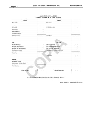 Victoria, Tam., jueves 3 de septiembre de 2015 Periódico Oficial
Página 32
ALLEN COMPANY S.A. DE CV
BALANCE GENERAL AL 30 ABRIL DE 2015
ACTIVO PASIVO
Circulante Circulante
BANCOS - PROVEEDORES -
CLIENTES -
INVENTARIOS -
OTRAS CUENTAS -
Total Circulante $ - Total Pasivo $ -
Fijo CAPITAL
MOB. Y EQUIPO - CAPITAL SOCIAL $ -
EQUIPO DE COMPUTO - UTILIDADES ACUMULADAS -
EQUIPO DE TRANSPORTE - UTILIDAD DEL PERIODO -
DEPRECIACIONES - APORTACIÓN POR CAPITALIZAR -
Total Fijo $ -
Total Capital $ -
Diferido
REMODELACIÓN -
GASTOS DE INSTALACIÓN -
Total Diferido $ -
TOTAL ACTIVO $ - PASIVO + CAPITAL $ -
C.P. MÓNICA PERALTA GONZÁLEZ (Ced. Prof. 2279610).- Rúbrica.
4480.- Agosto 25, Septiembre 3 y 15.-3v3.
 