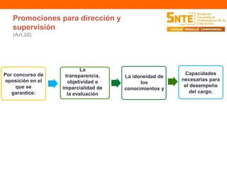Promociones para dirección y 
supervisión 
(Art.26) 
Por concurso de 
oposición en el 
que se 
garantice: 
La 
transparencia, 
objetividad e 
imparcialidad de 
la evaluación 
La idoneidad de 
los 
conocimientos y 
Capacidades 
necesarias para 
el desempeño 
del cargo. 
 